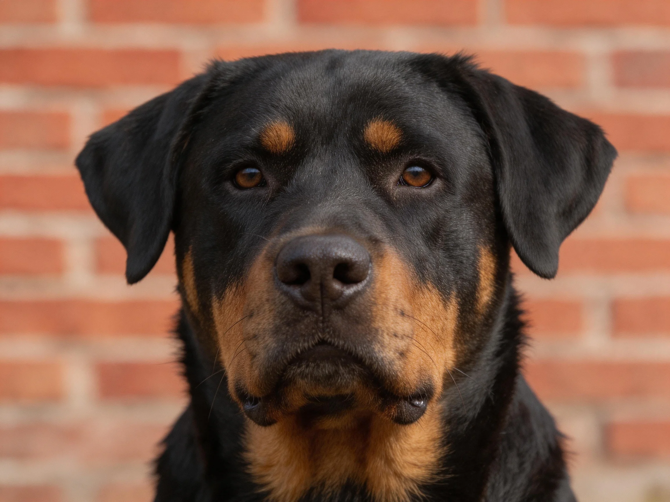 A black and tan Rottweiler stands before a brick wall.