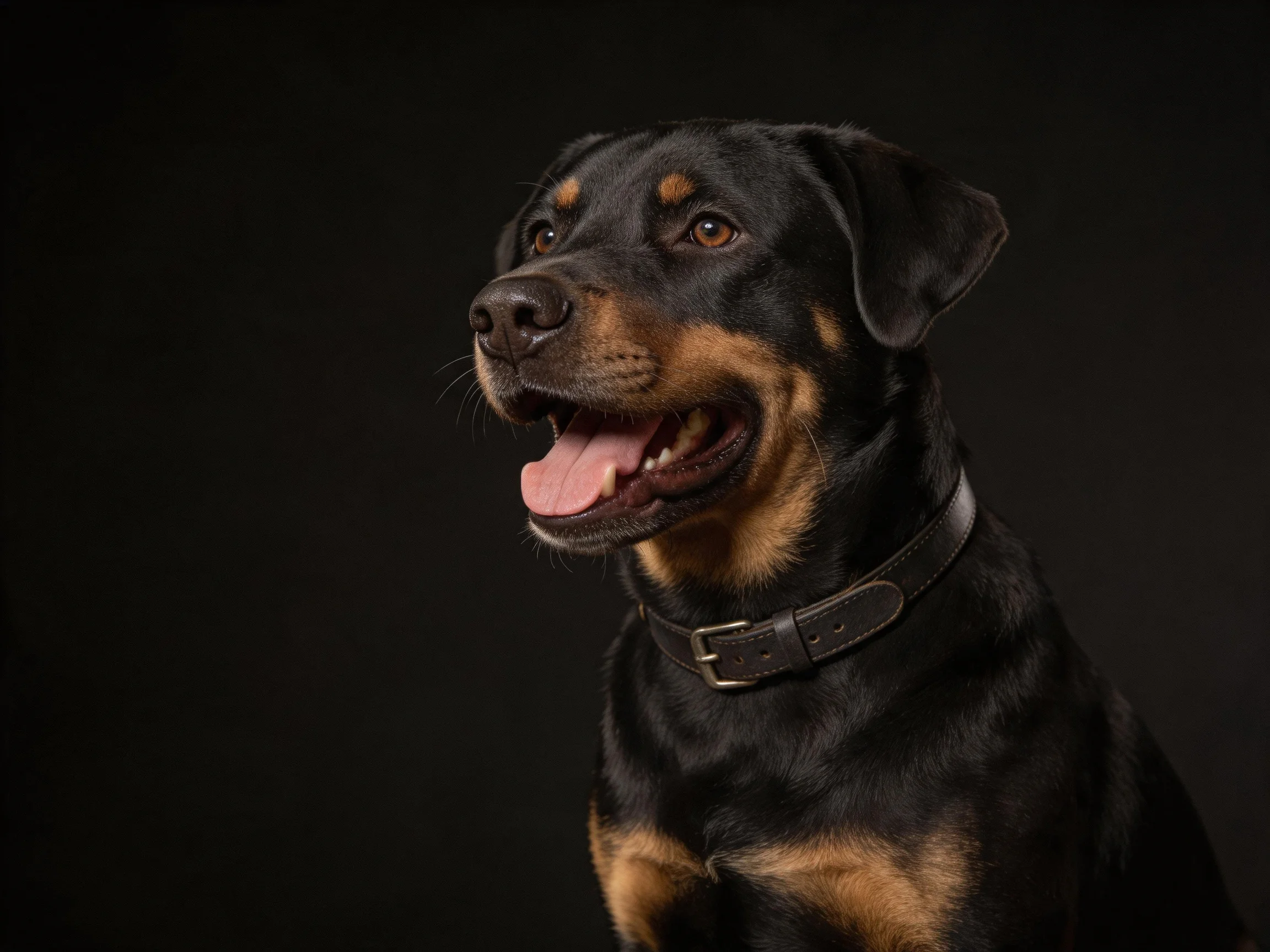 A black and tan Rottweiler with a leather collar