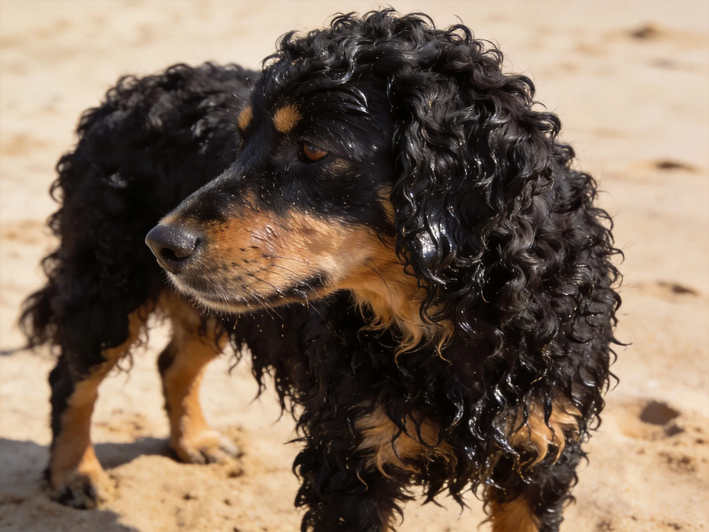 A black and tan curly-furred dog on sandy terrain