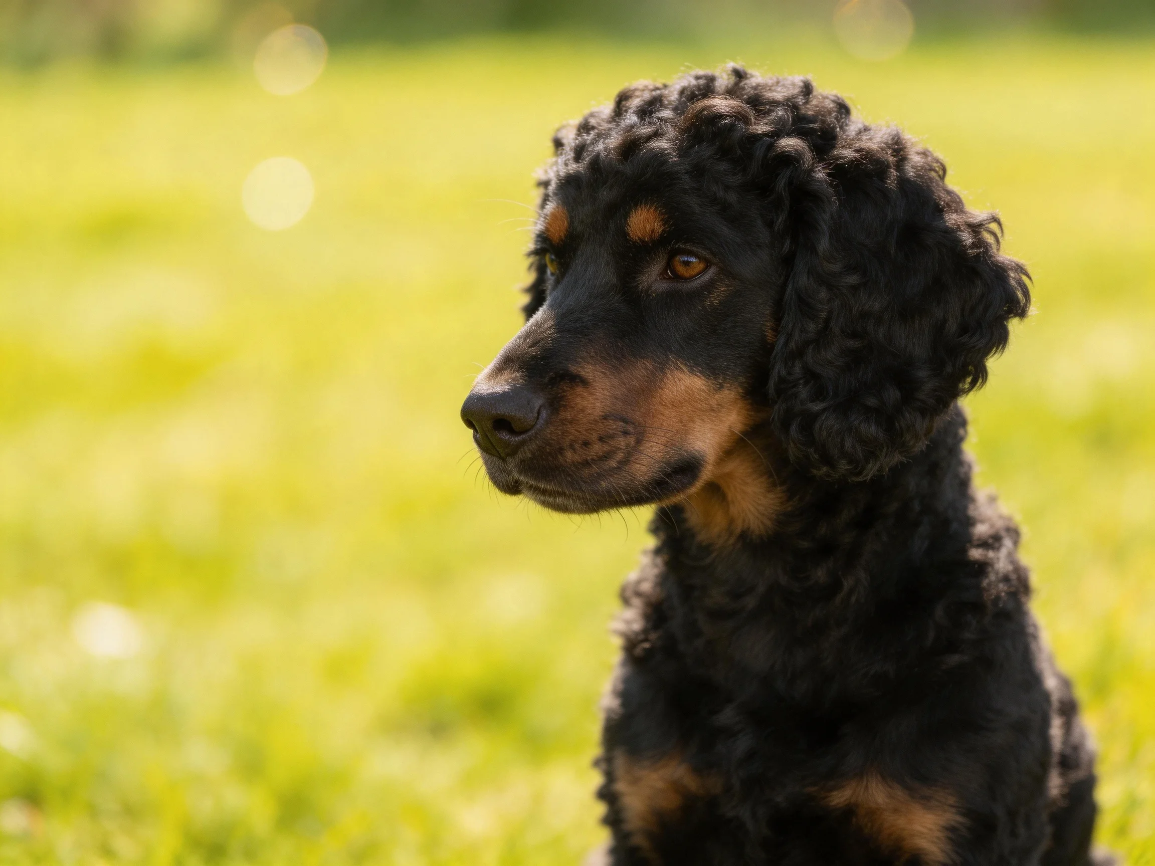 A black and tan dog sits peacefully in a sunlit green outdoor space.