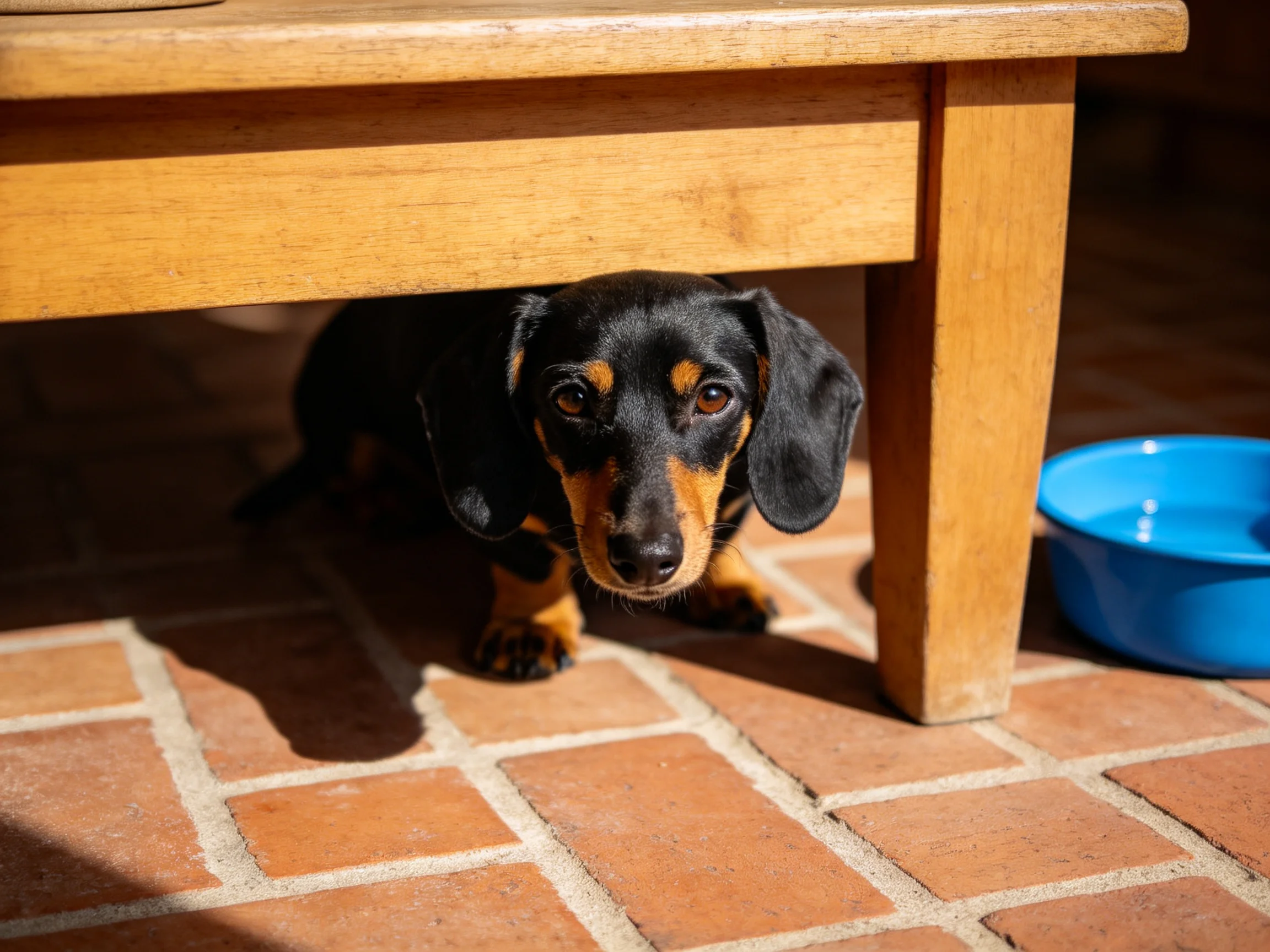 A black and tan dachshund hides under a wooden table beside a blue bowl