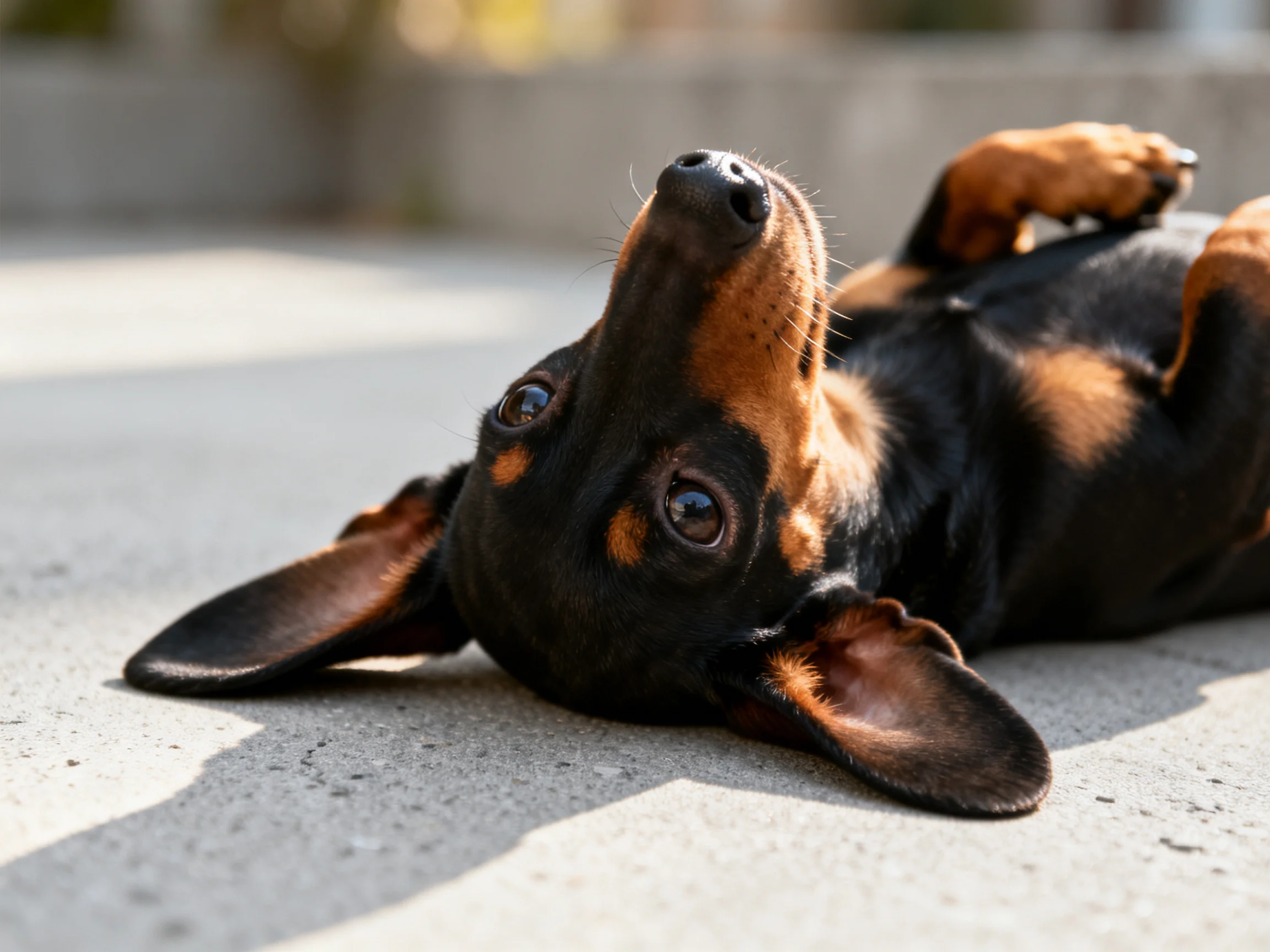 A black and tan dachshund lies upside down on smooth concrete