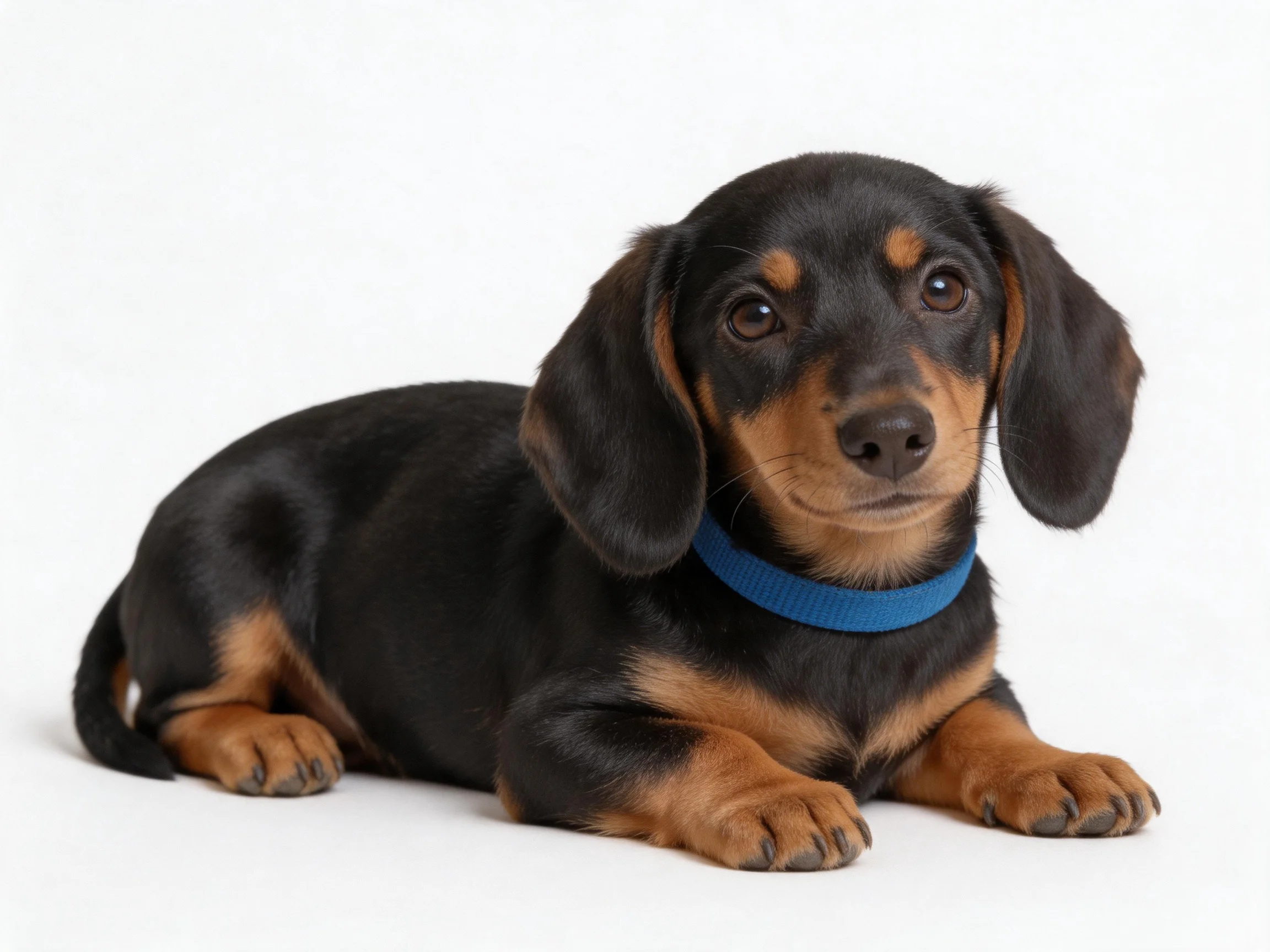 A black and tan dachshund puppy resting with a blue collar