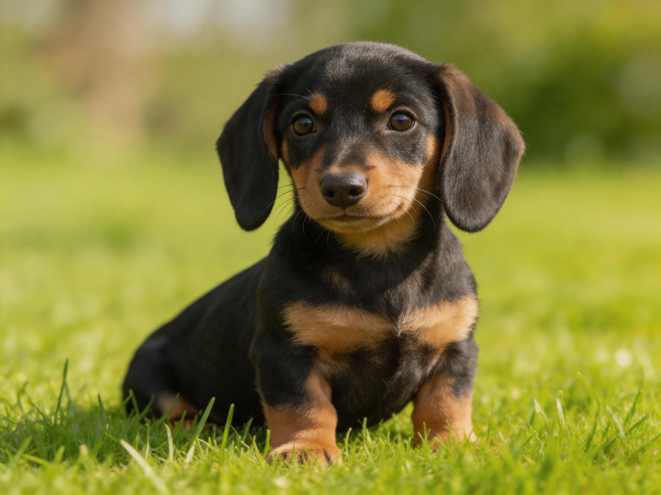 A black and tan dachshund puppy sits calmly on grass.