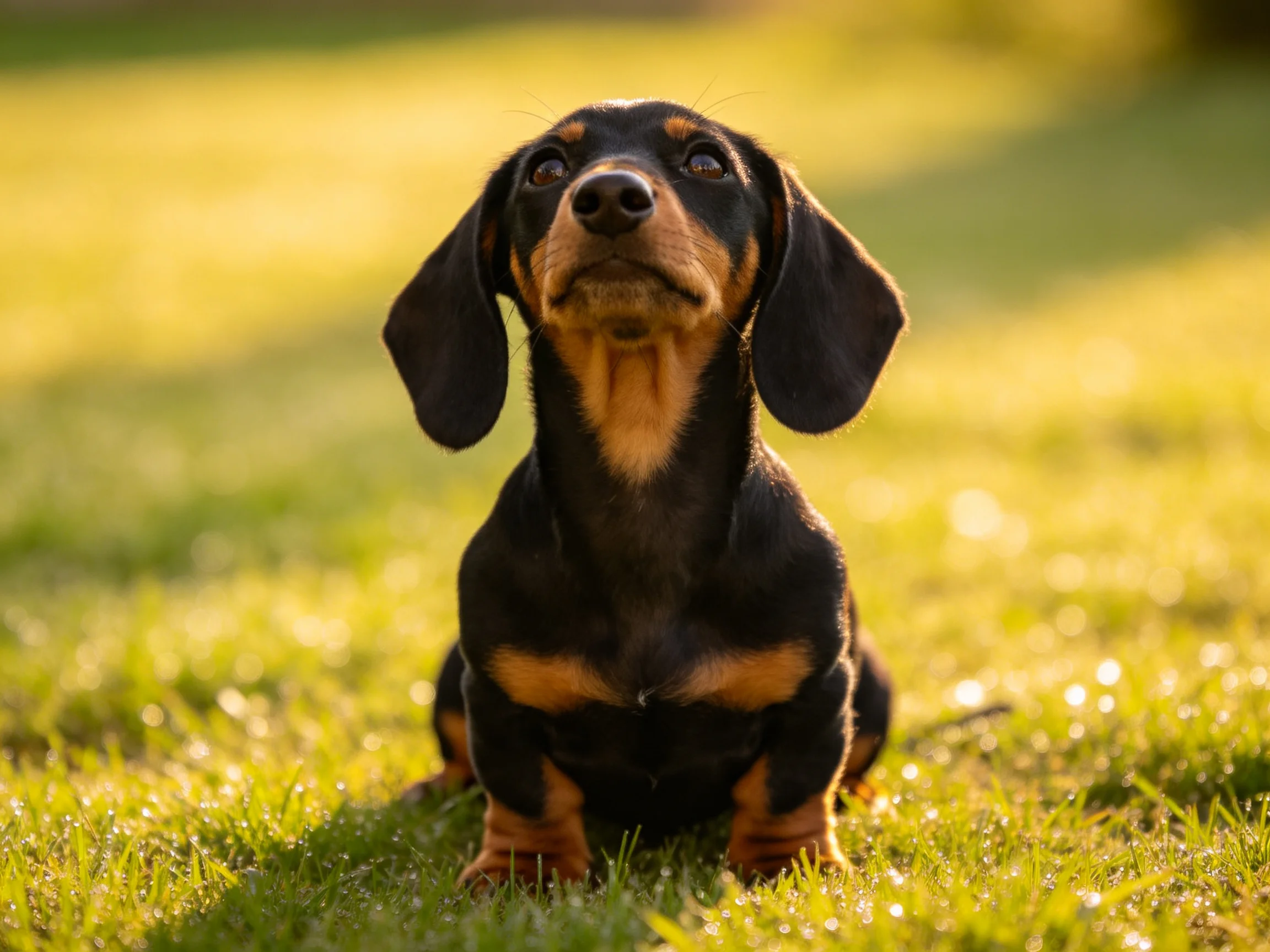 A black and tan dachshund puppy sitting on sunlit green grass