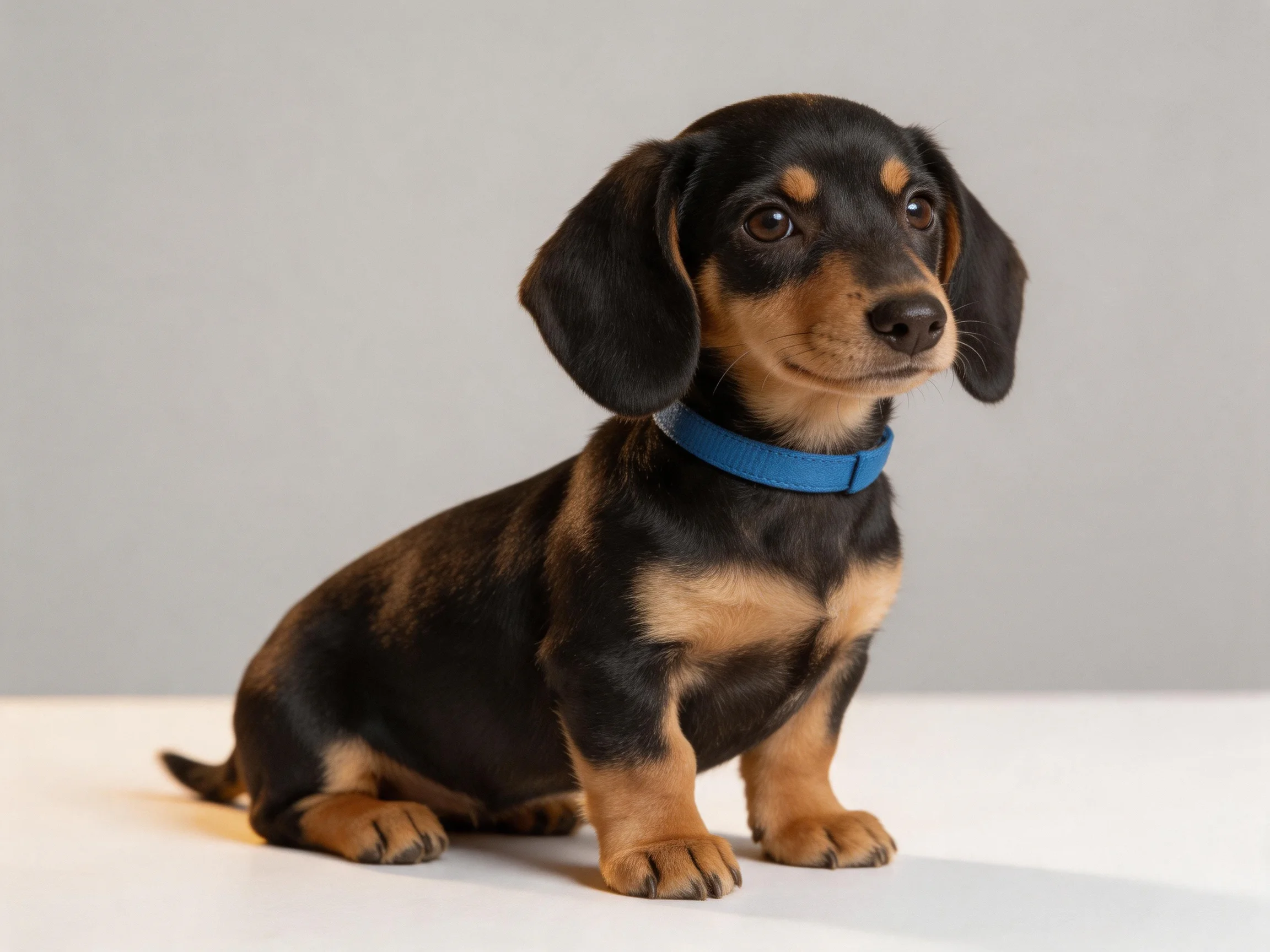 A black and tan dachshund puppy wearing a blue collar