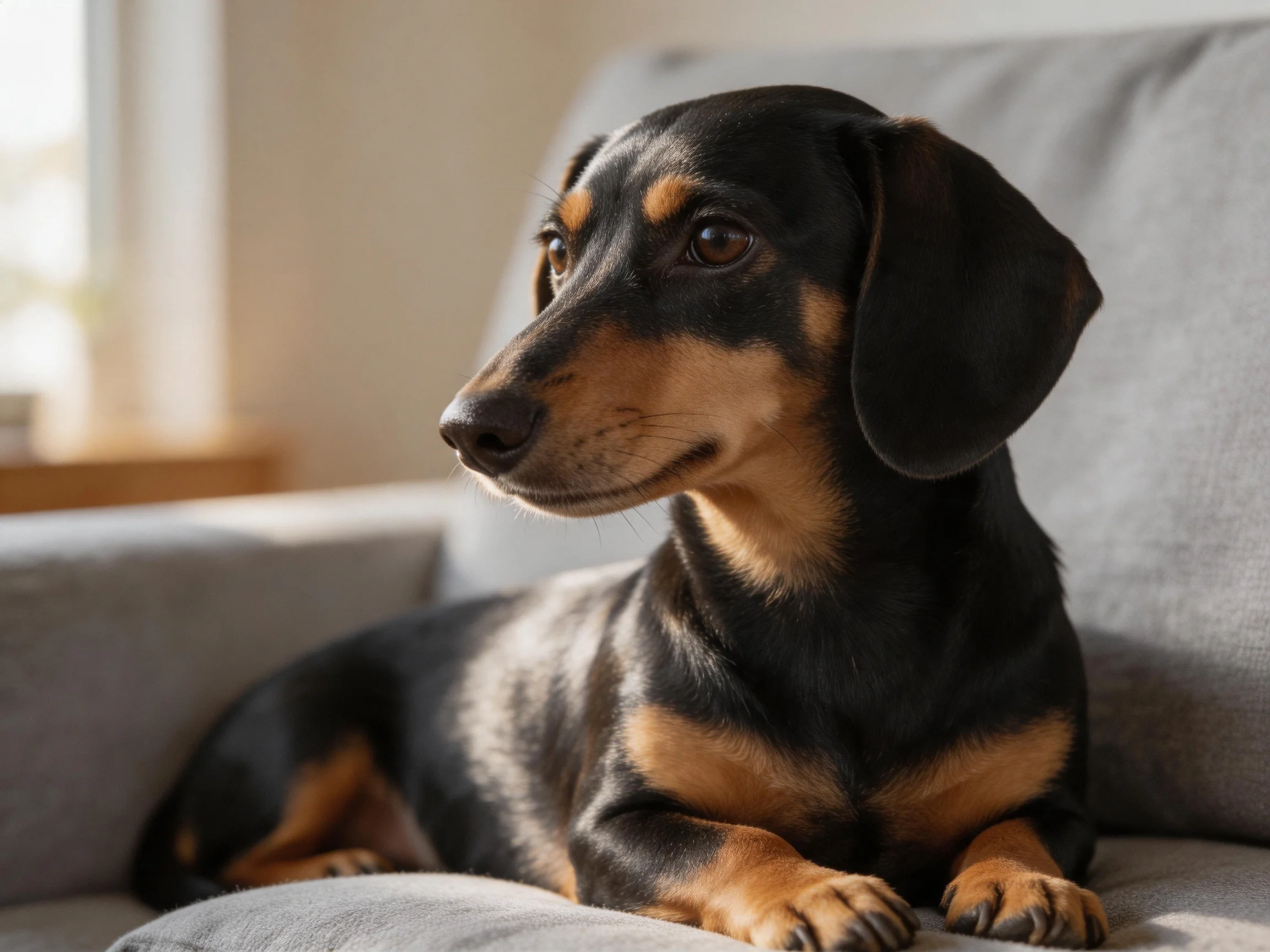 A black and tan dachshund rests on a gray couch in a sunlit room