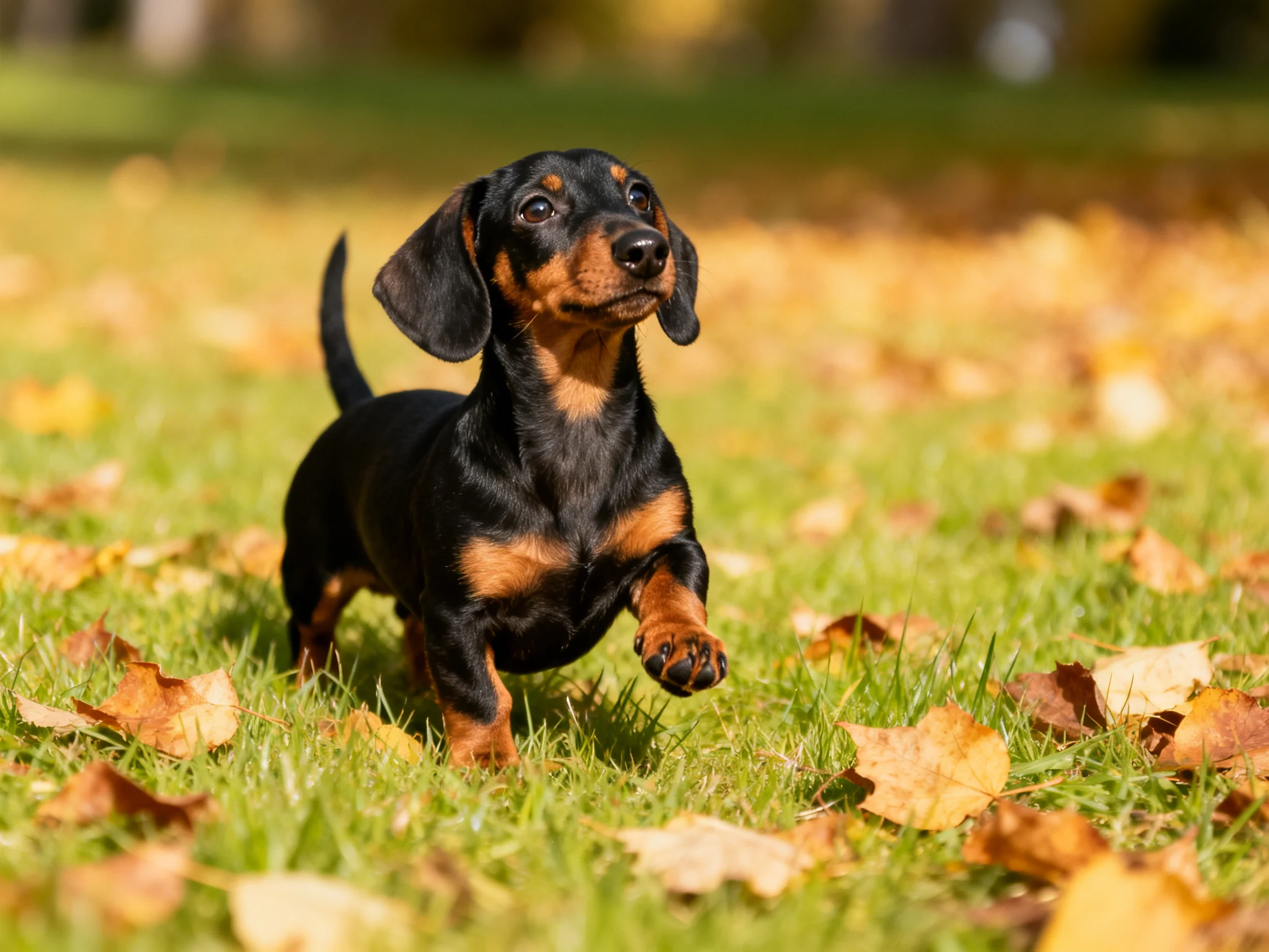 A black and tan dachshund running amid golden autumn leaves