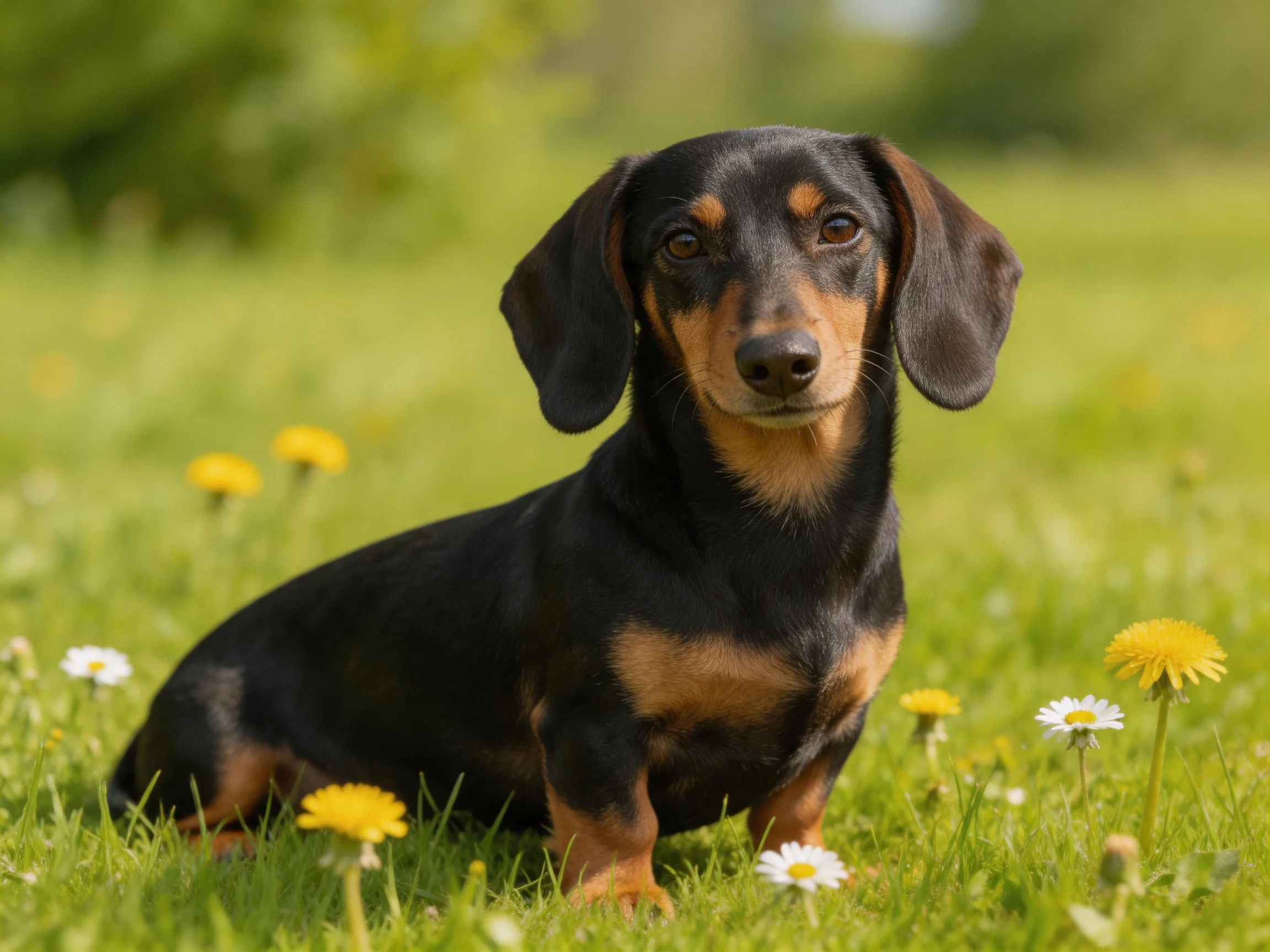 A black and tan dachshund sits among yellow and white wildflowers