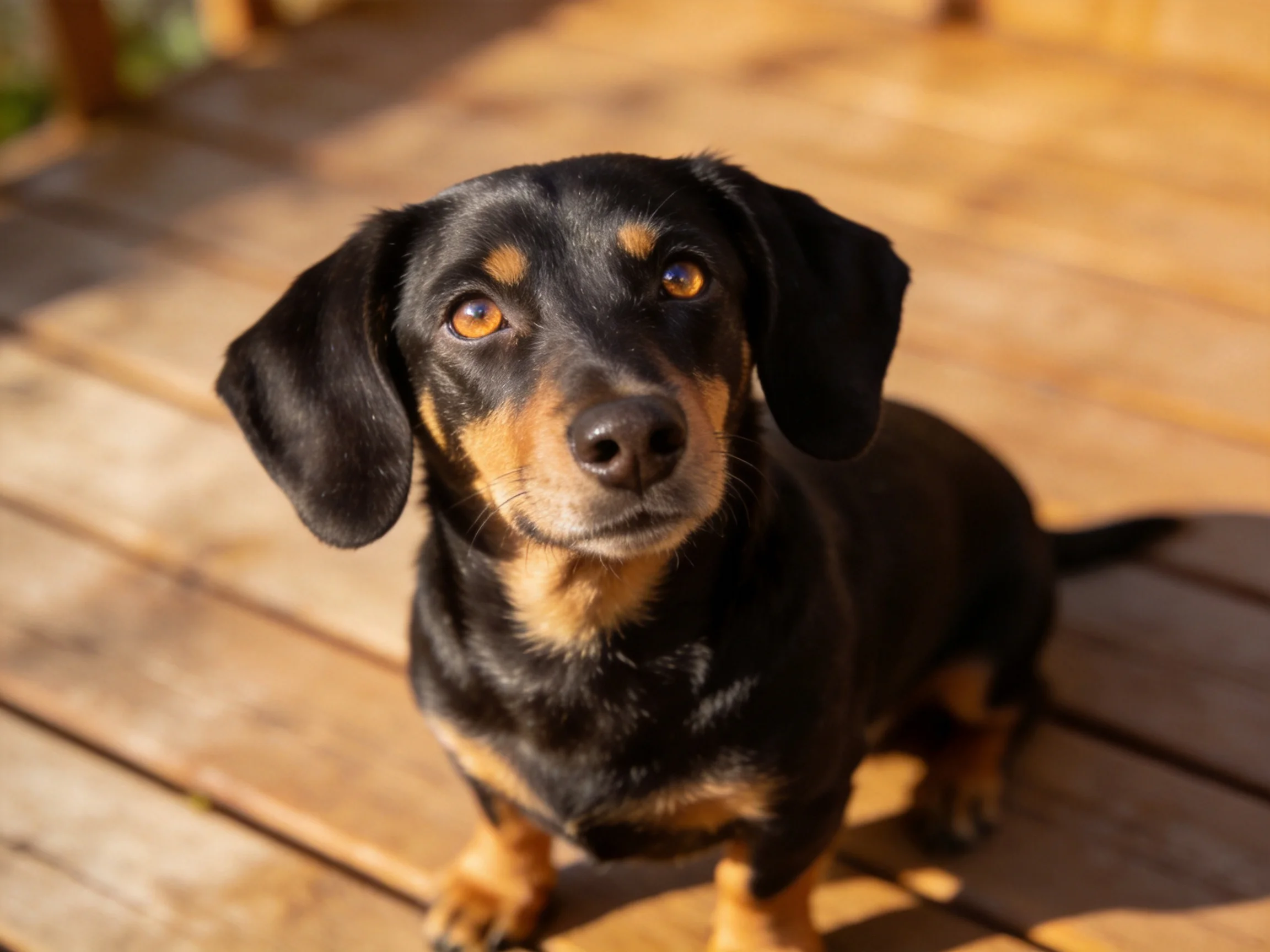A black and tan dachshund sits on a sunlit wooden deck