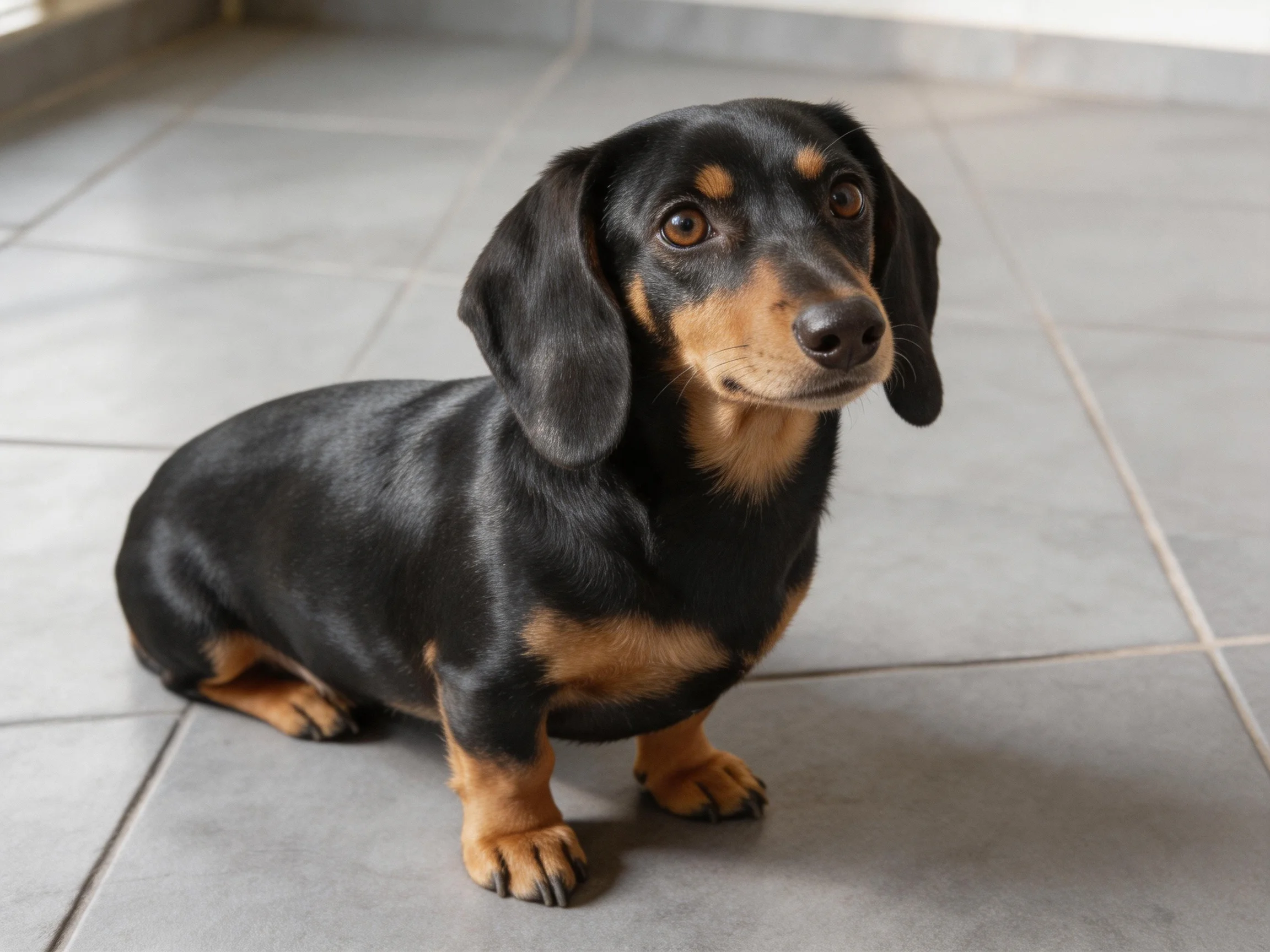 A black and tan dachshund sits calmly on tiled flooring.