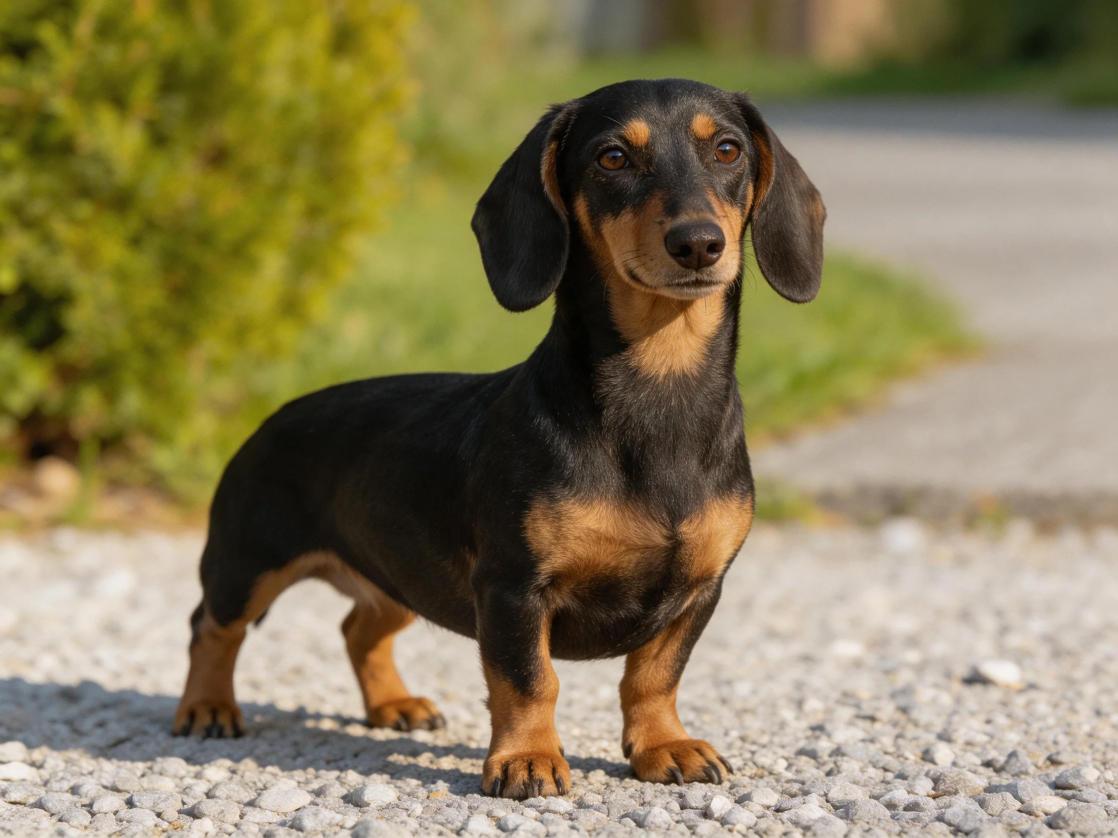 A black and tan dachshund stands on gravel in an outdoor setting.