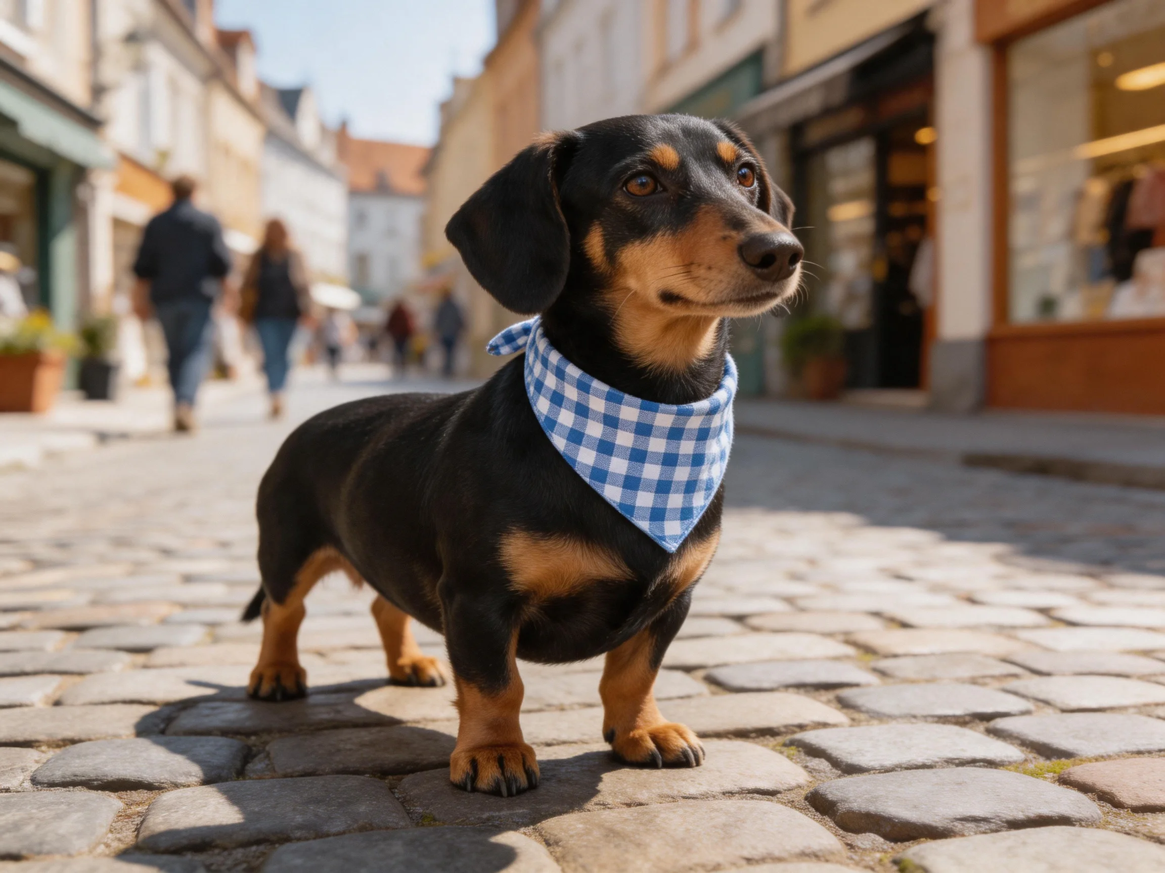 A black and tan dachshund with a blue checkered bandana stands on cobblestone streets