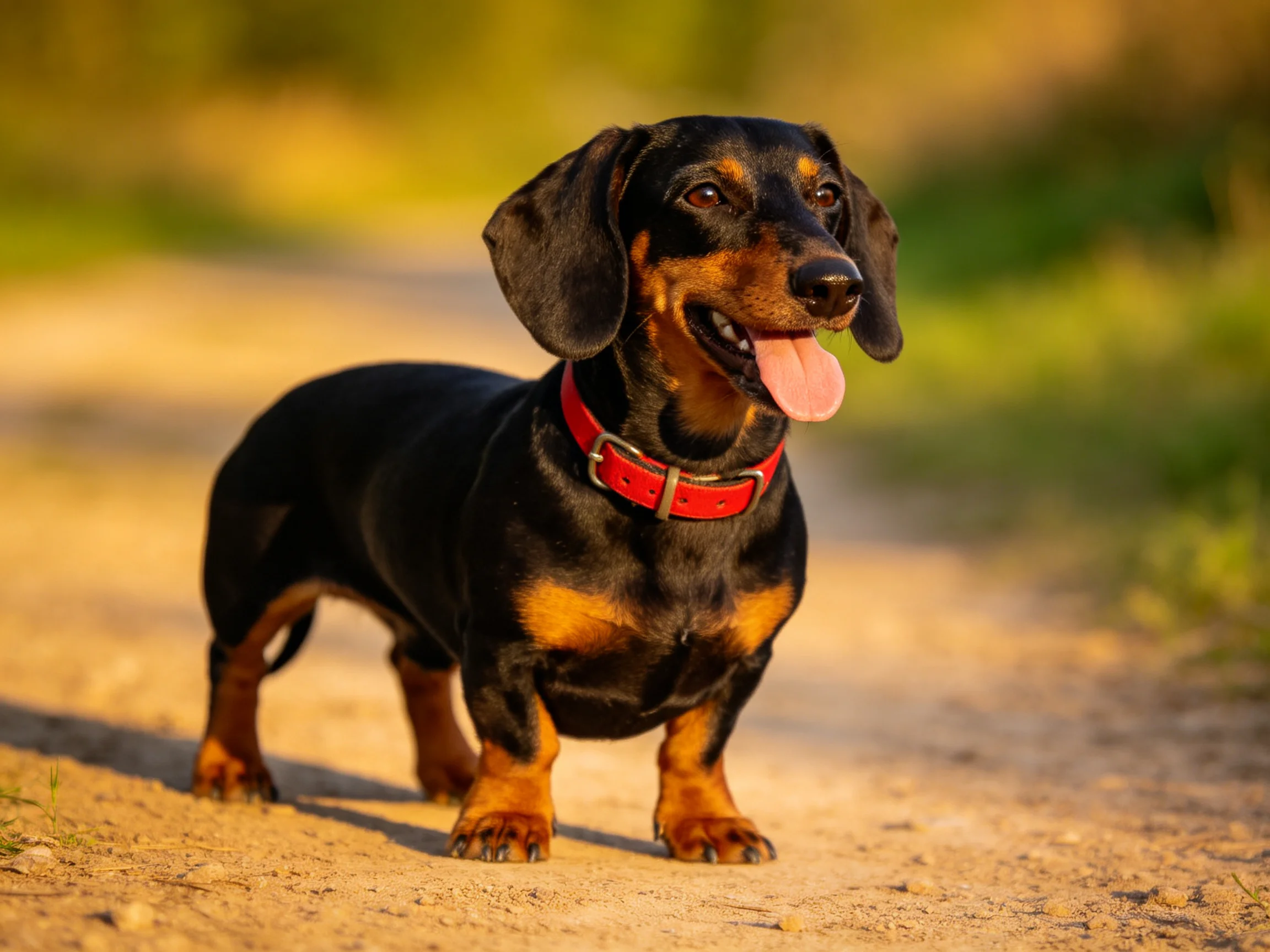 A black and tan dachshund with a bright red collar