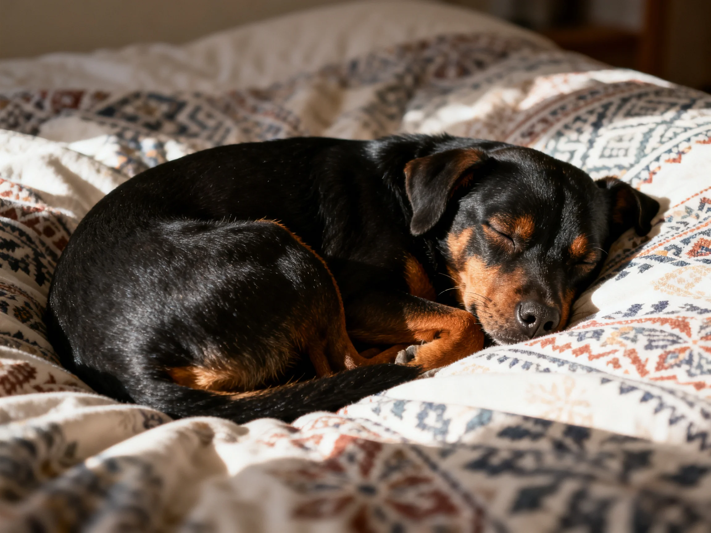 A small dog sleeps on a patterned bedspread