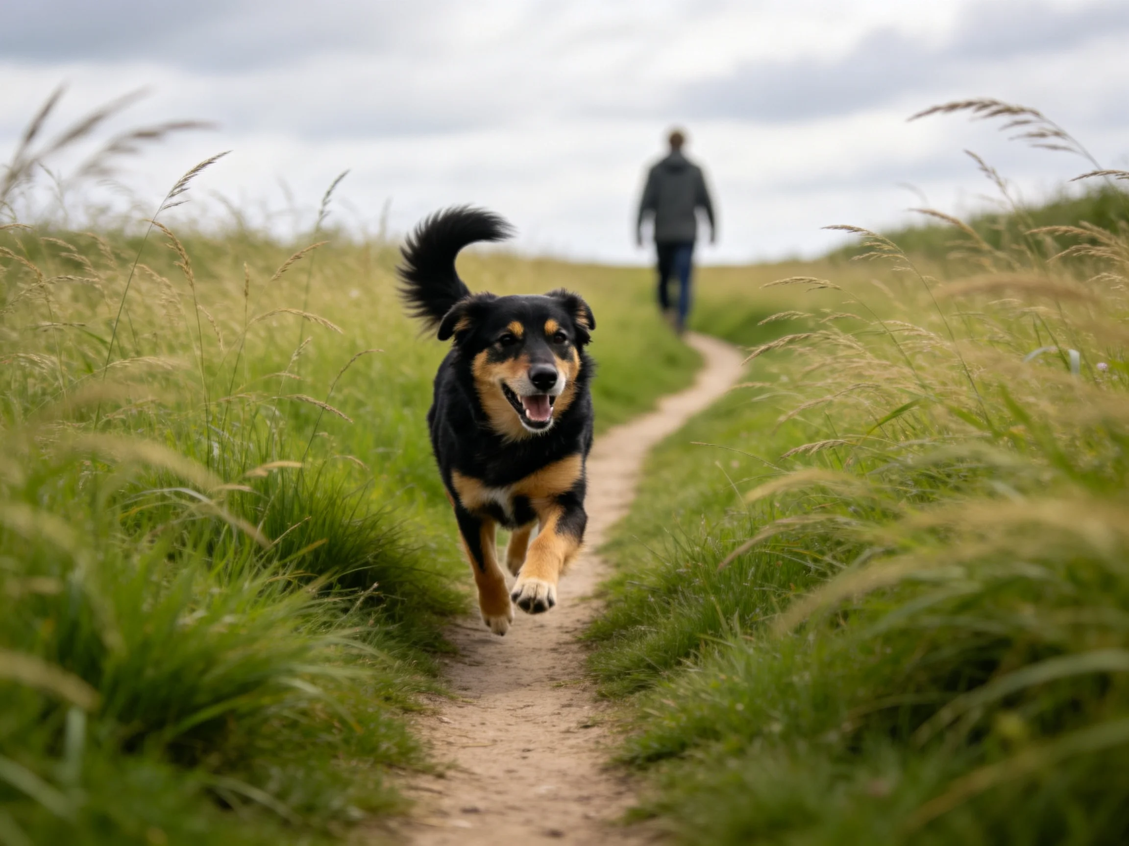 A black and tan dog dashes down a narrow grassy dirt path
