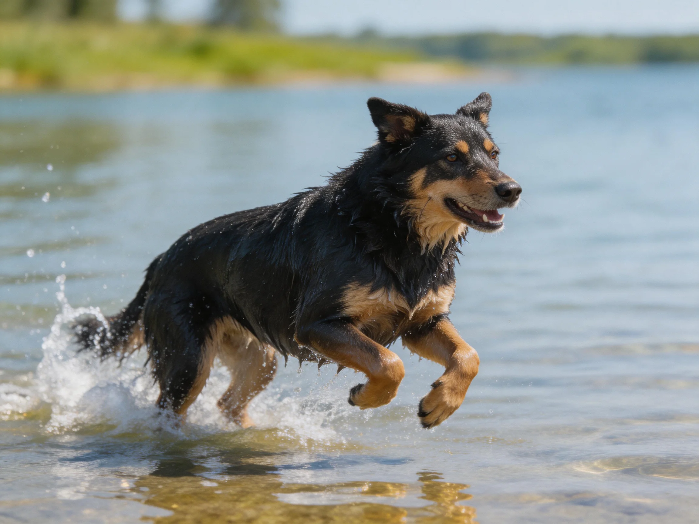 A black and tan dog energetically splashing through shallow water