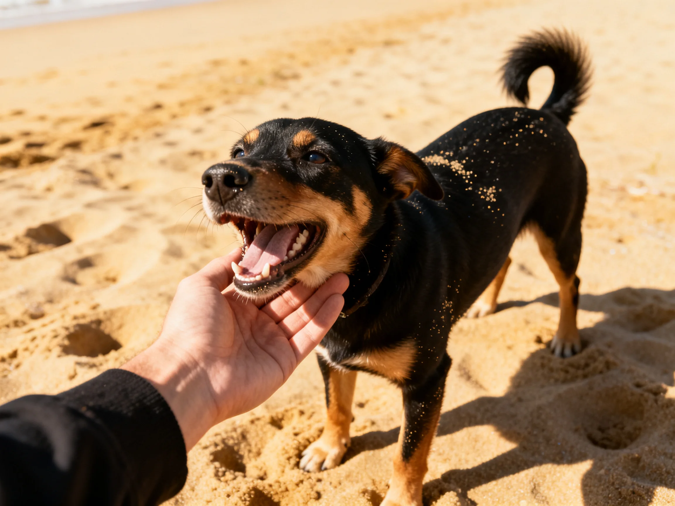 A black and tan dog happily interacts with a hand on the sandy beach.