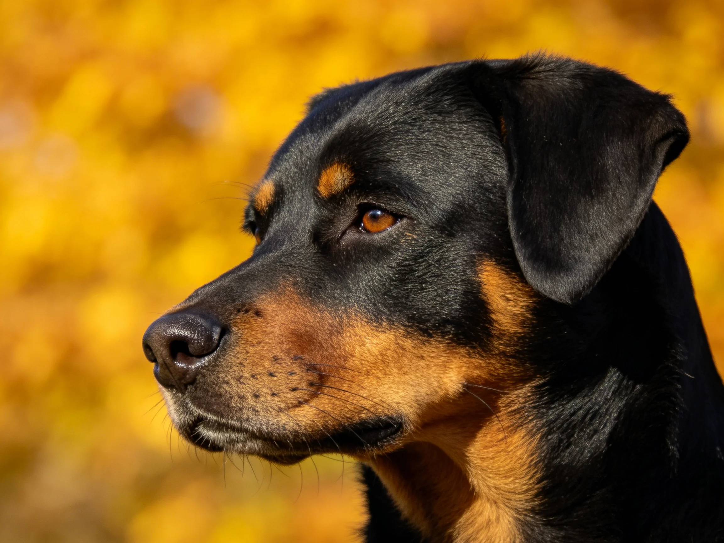 A black and tan dog gazes thoughtfully against golden foliage