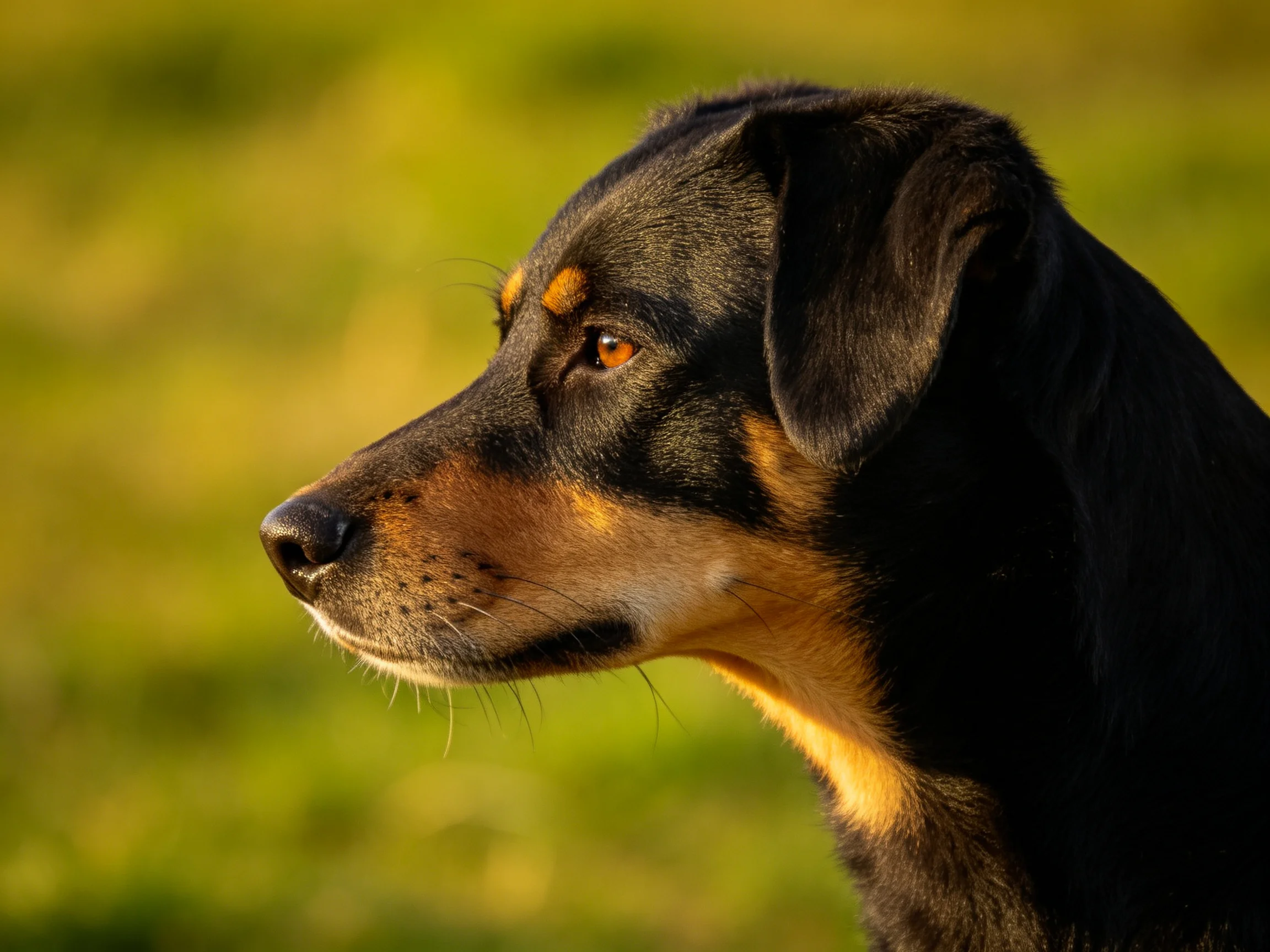A black and tan dog gazes thoughtfully into the distance