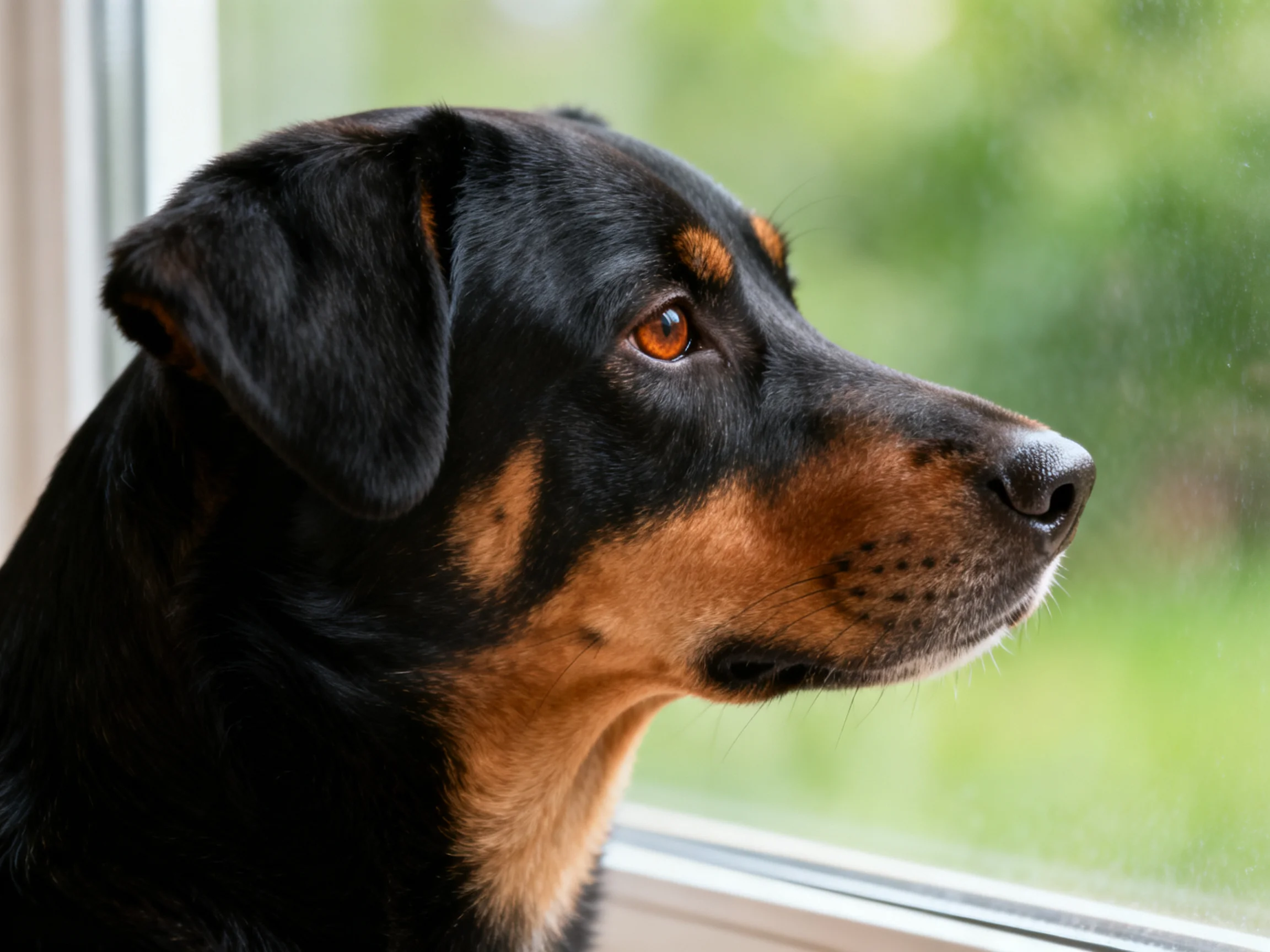 A black and tan dog gazes thoughtfully out the window