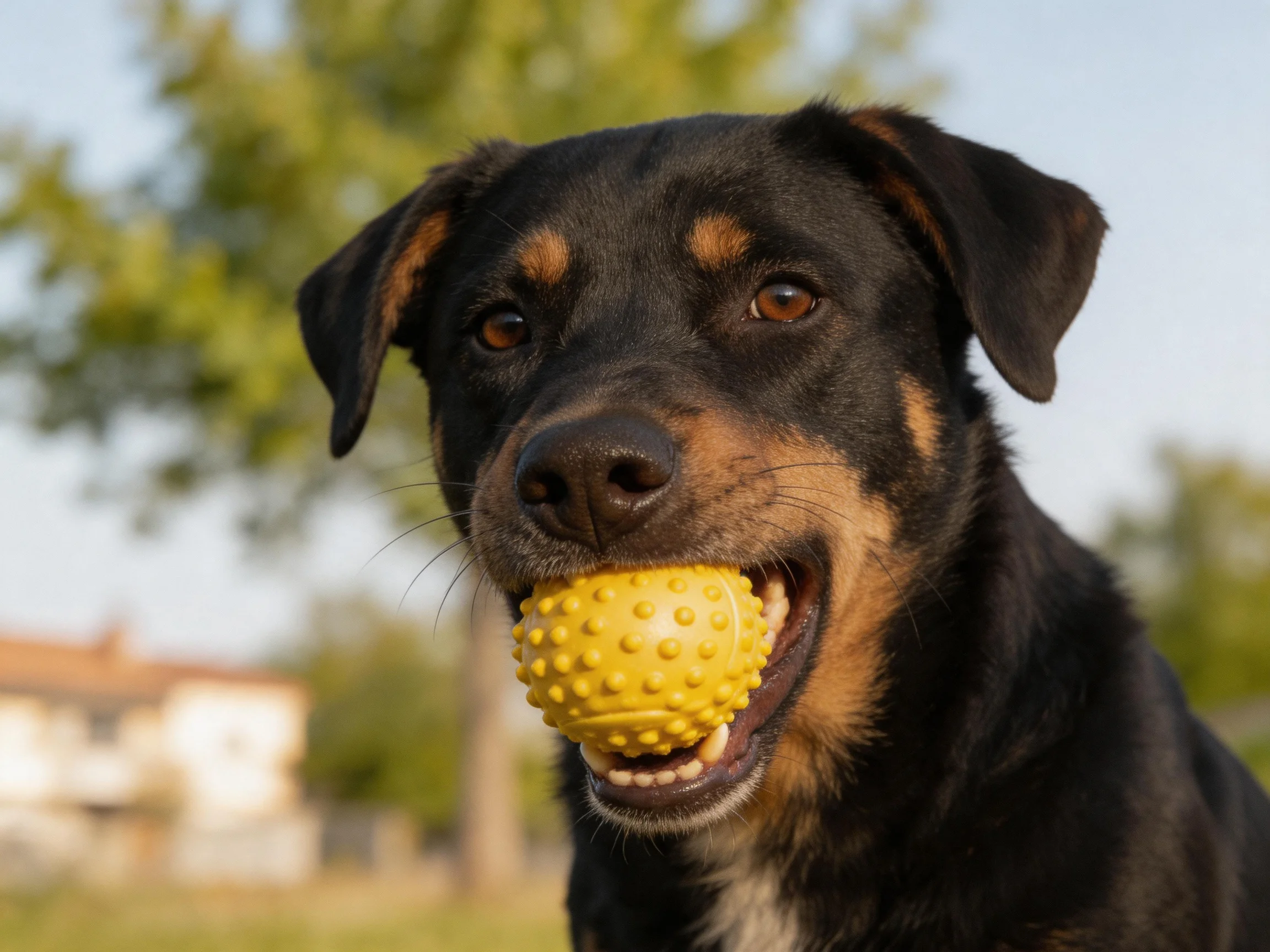 A black and tan dog holds a yellow ball while outdoors