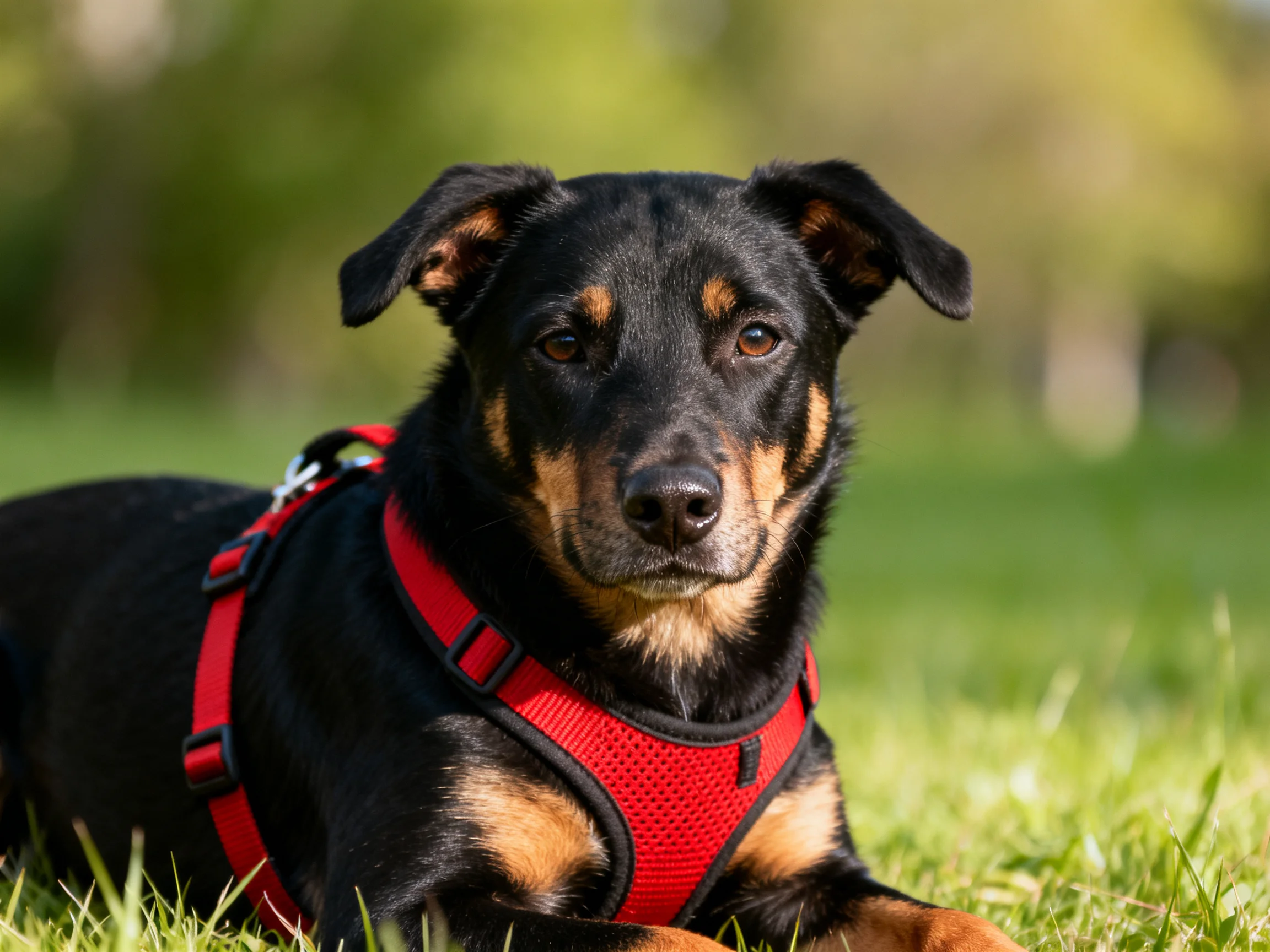 A black and tan dog in a red harness rests on grass