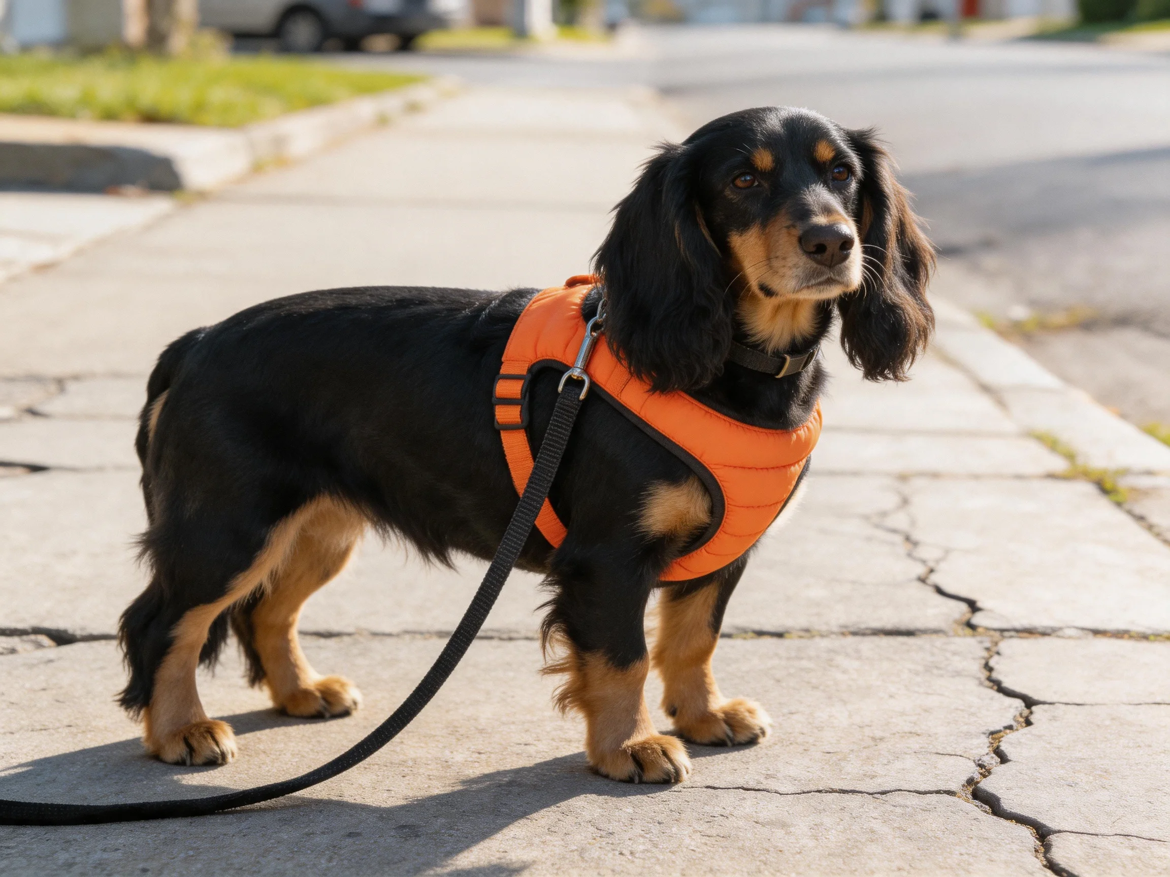 A black and tan dog in an orange harness stands on a cracked sidewalk