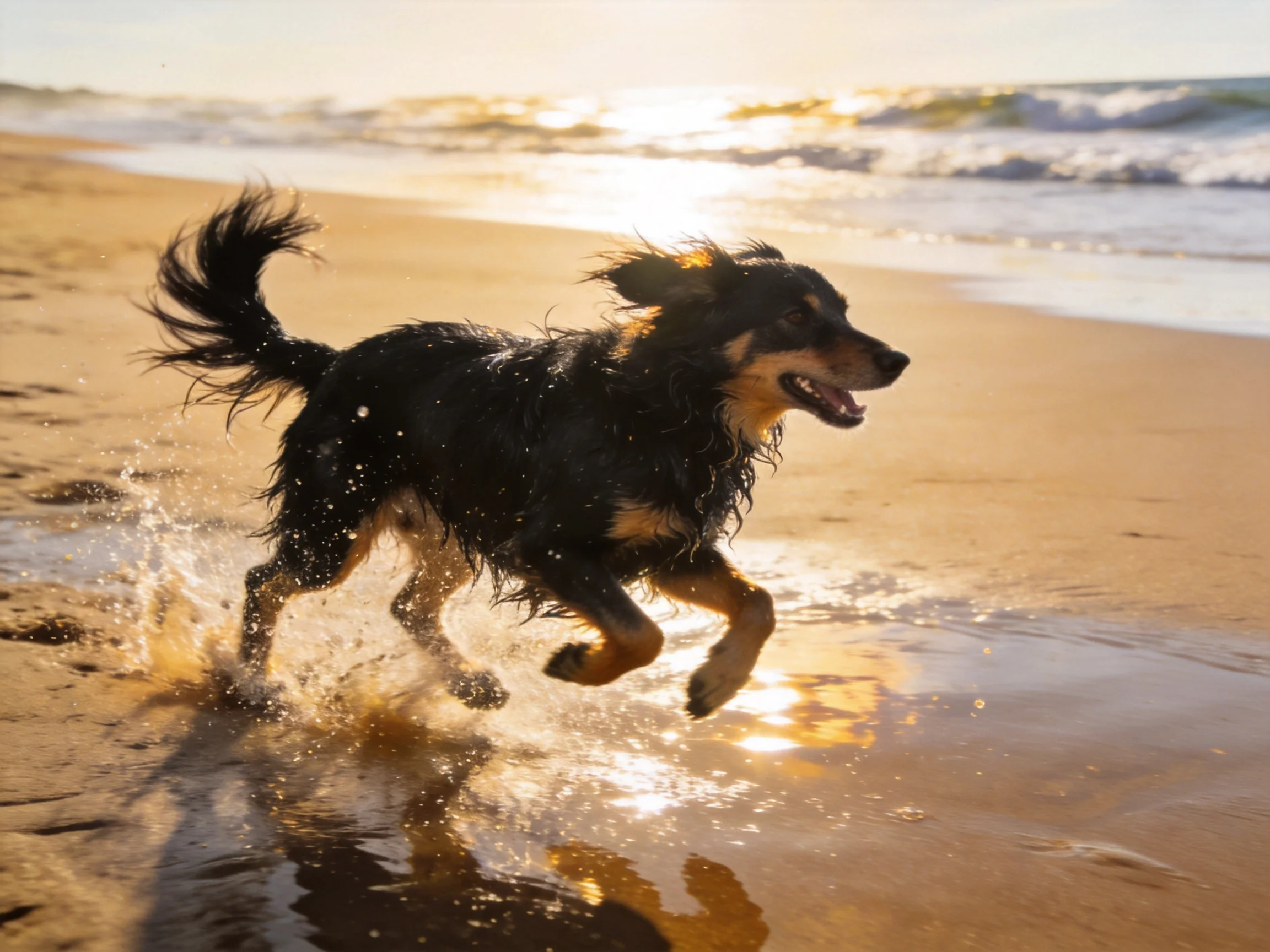 A black and tan dog joyfully running along a sandy shoreline