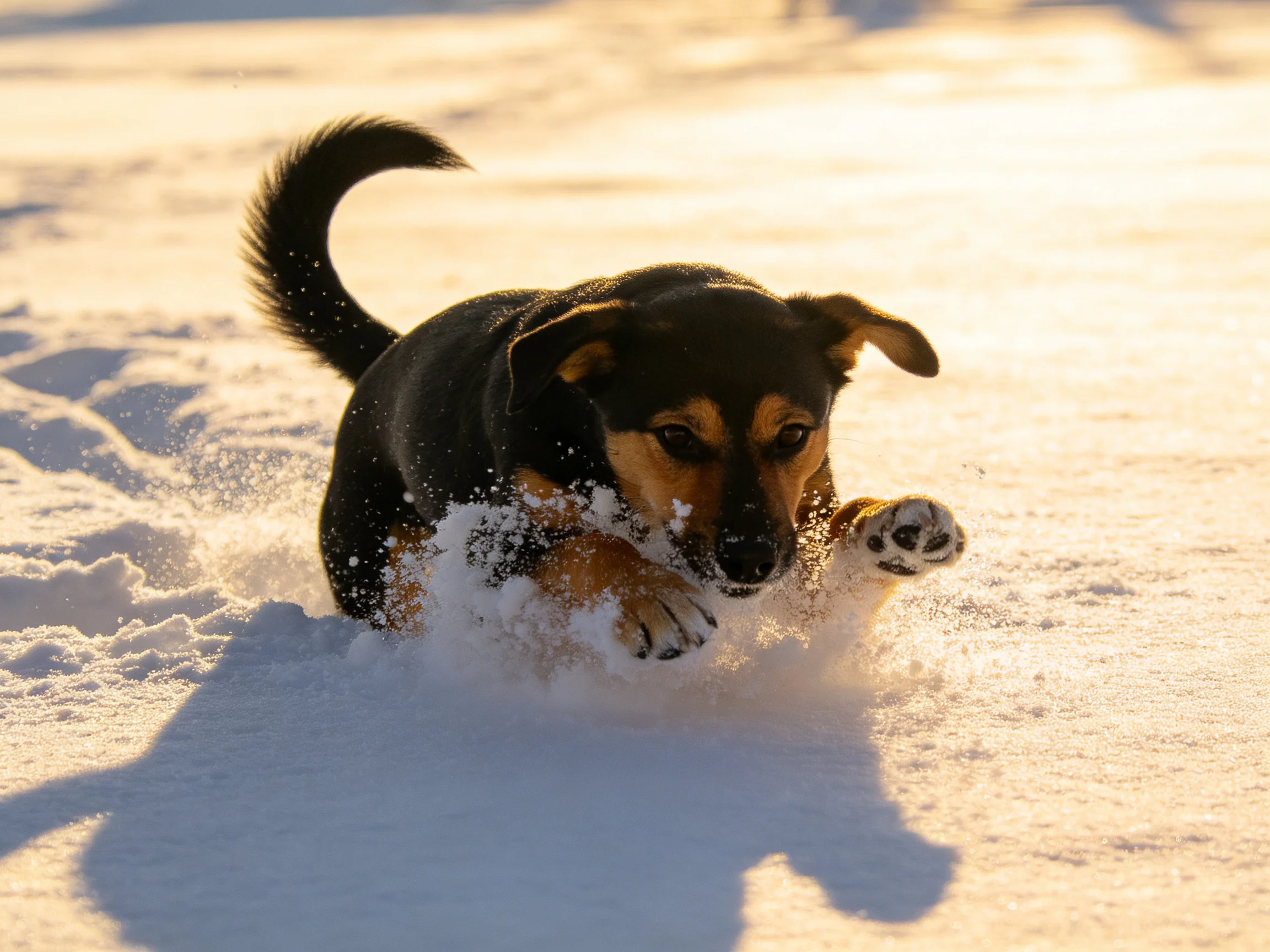 A black and tan dog joyfully running through deep white snow