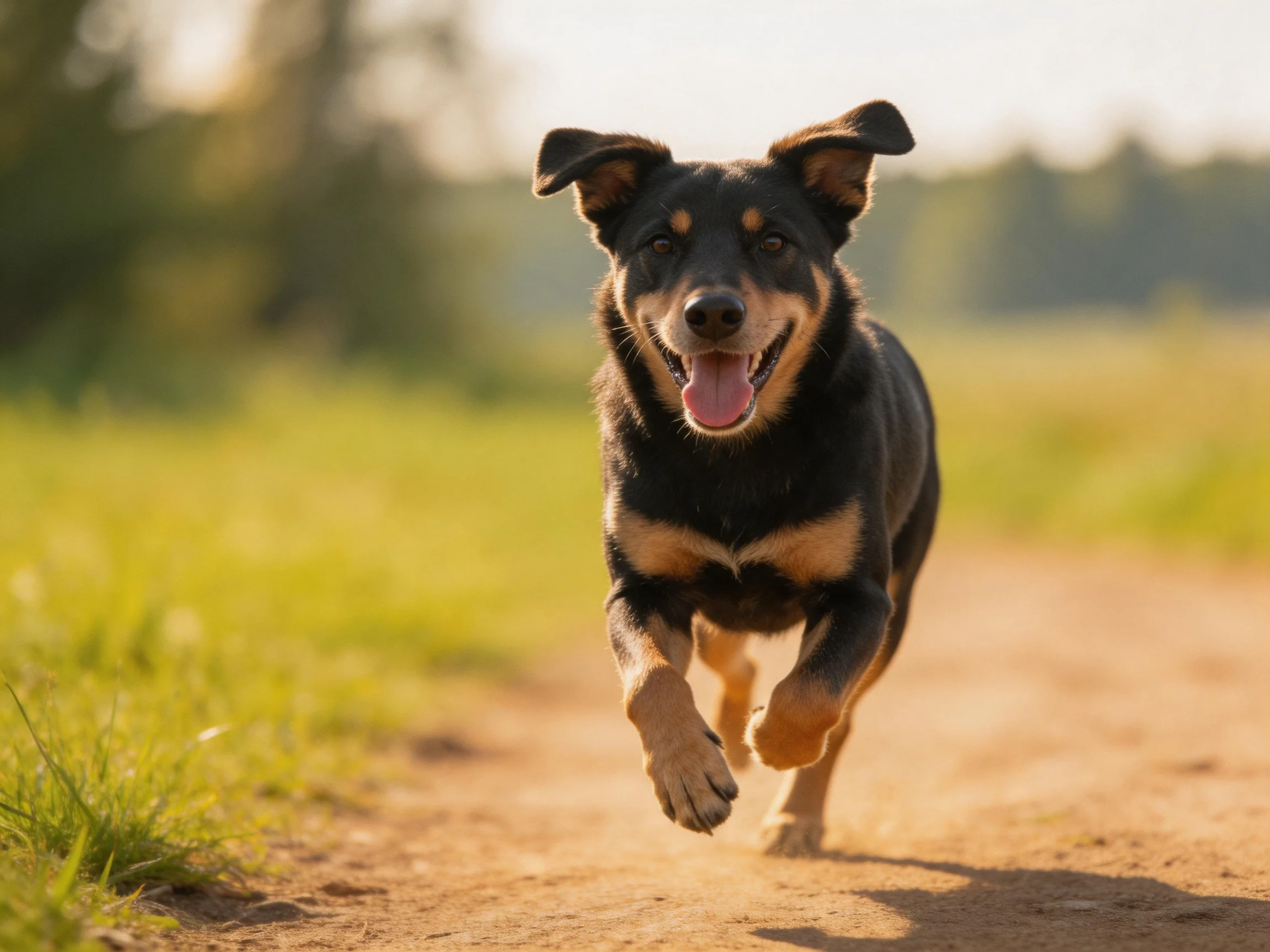 A black and tan dog joyfully runs along a sunlit dirt path