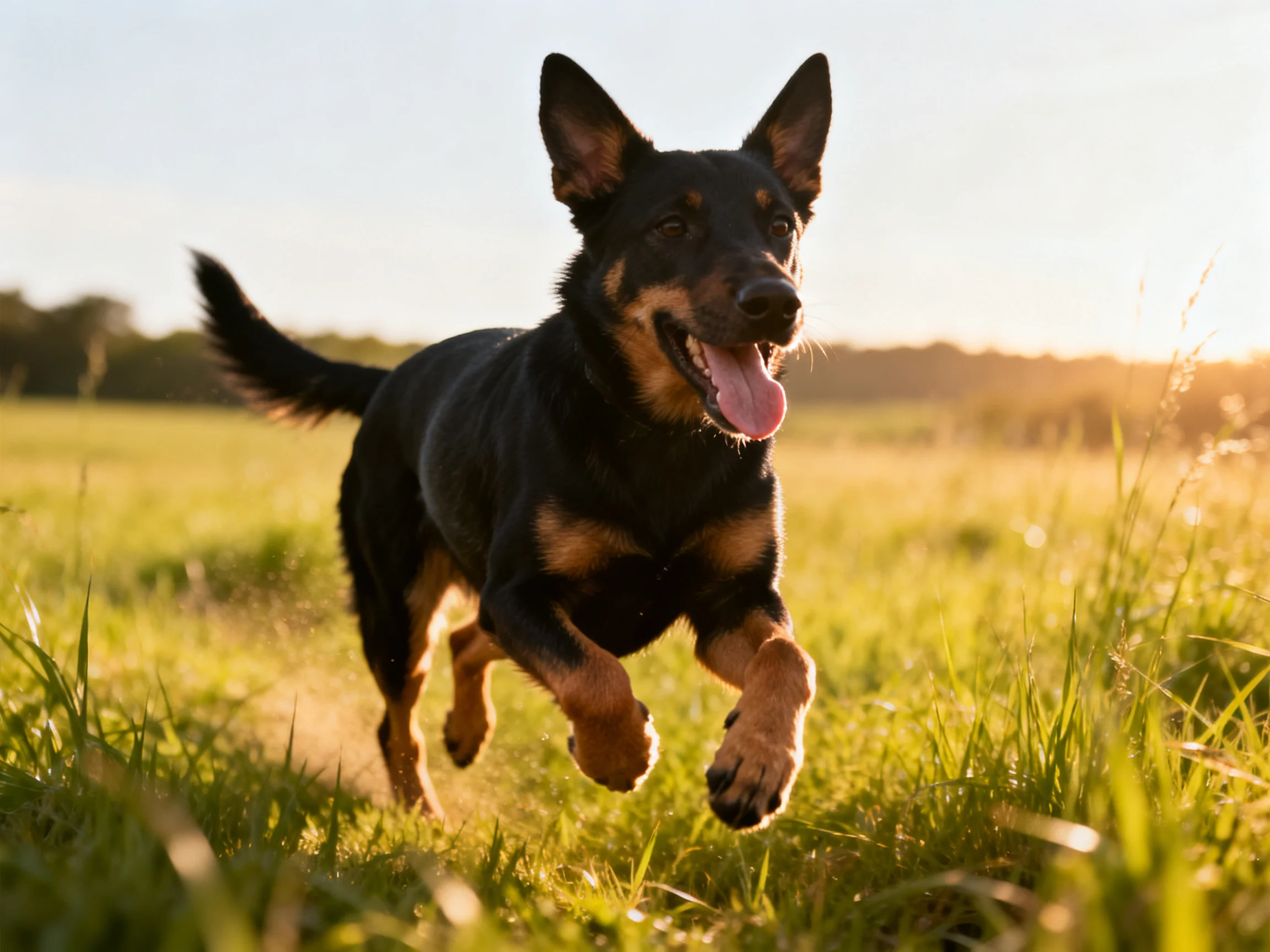 A black and tan dog joyfully runs through a sunlit grassy field