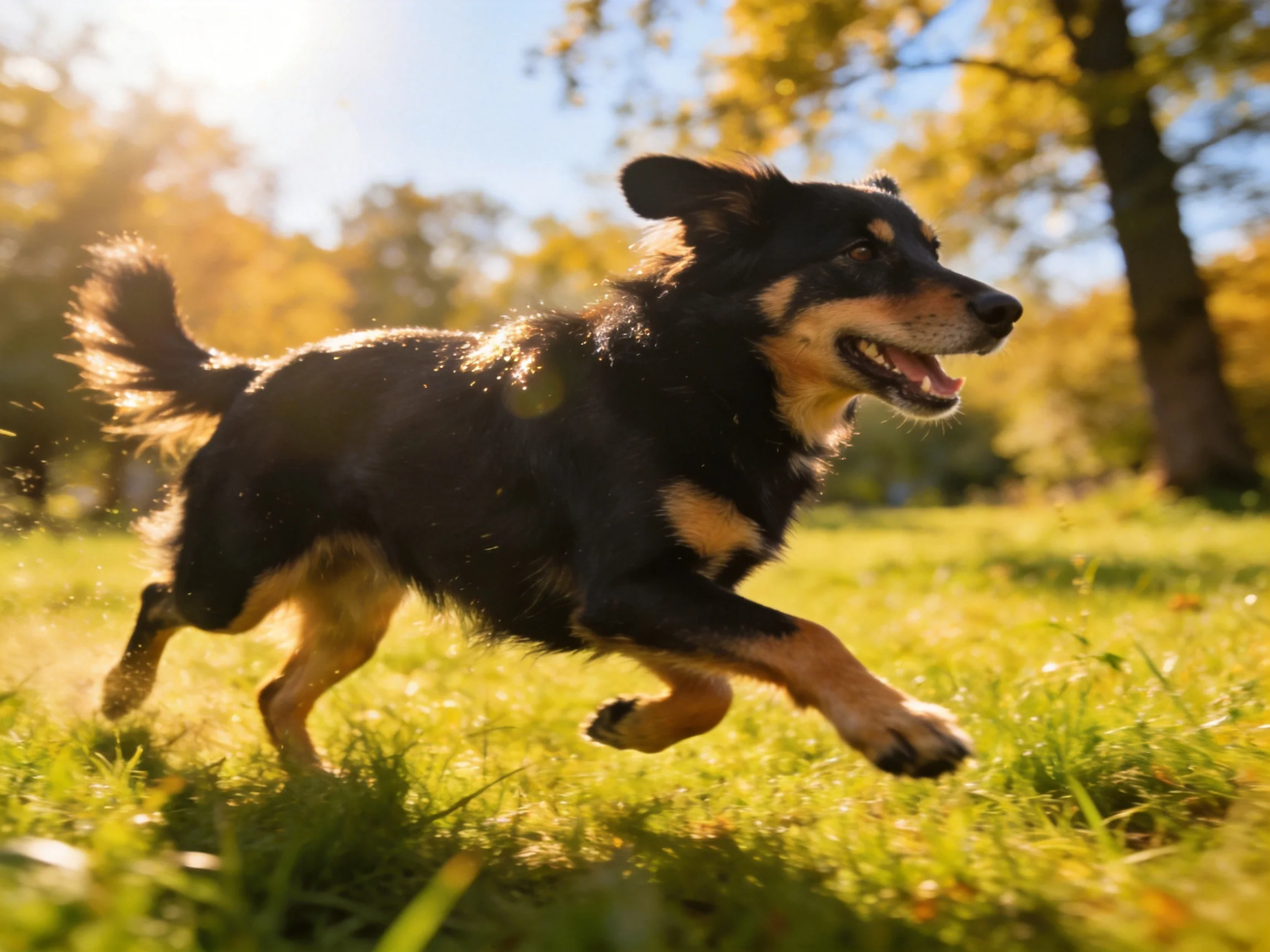 A black and tan dog joyfully runs through a sunlit grassy field