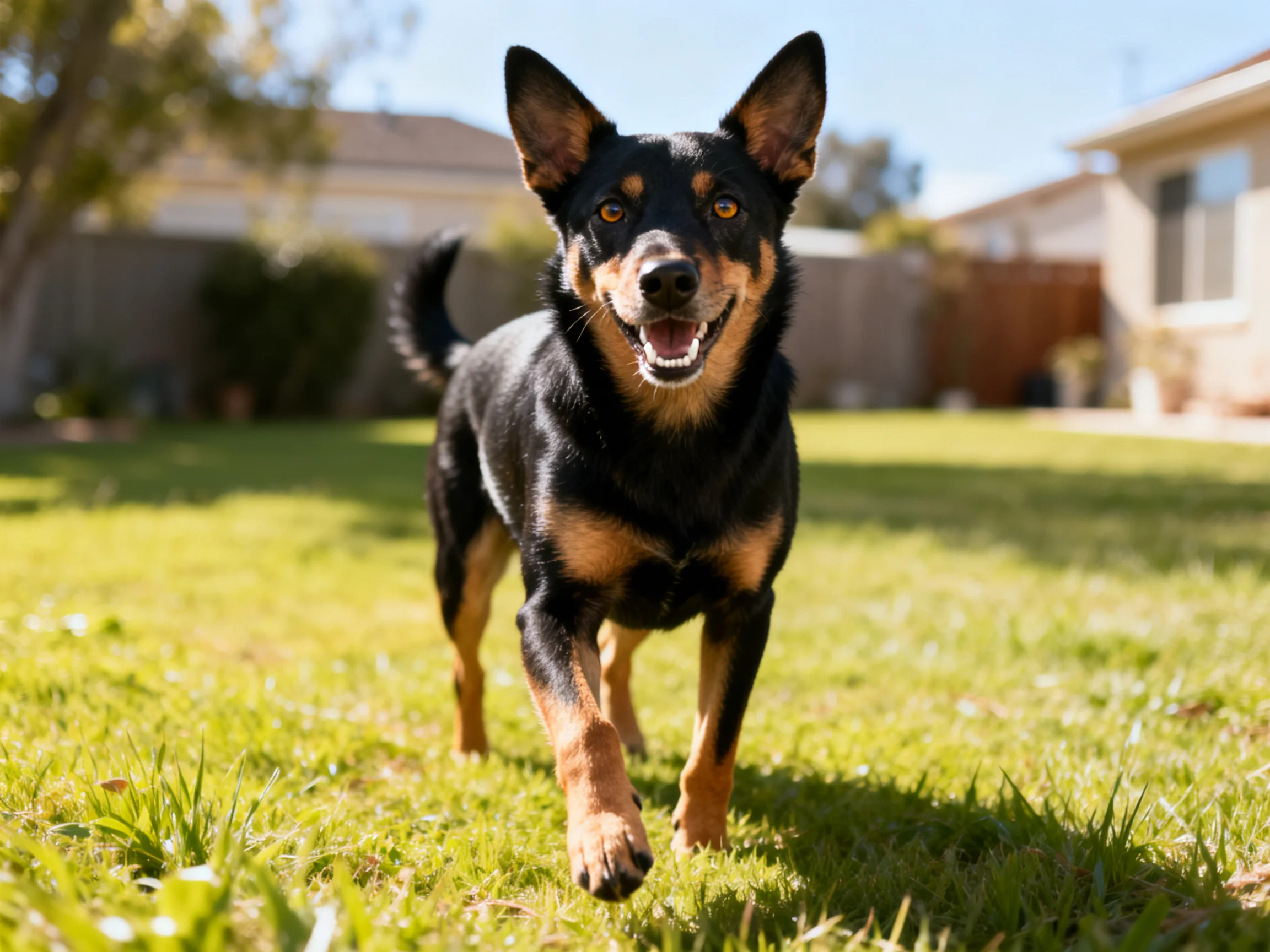 A black and tan dog joyfully runs through a sunny backyard