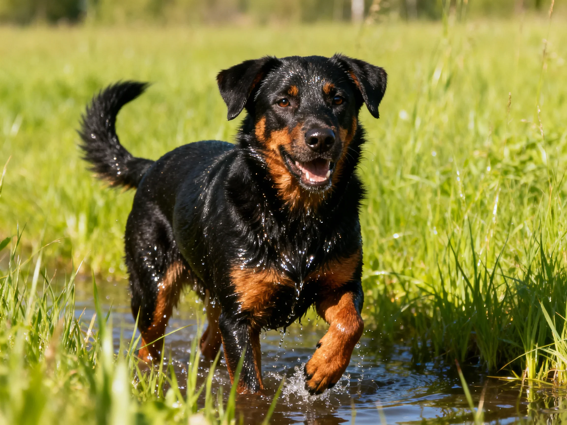 A black and tan dog runs through shallow water in a grassy field.