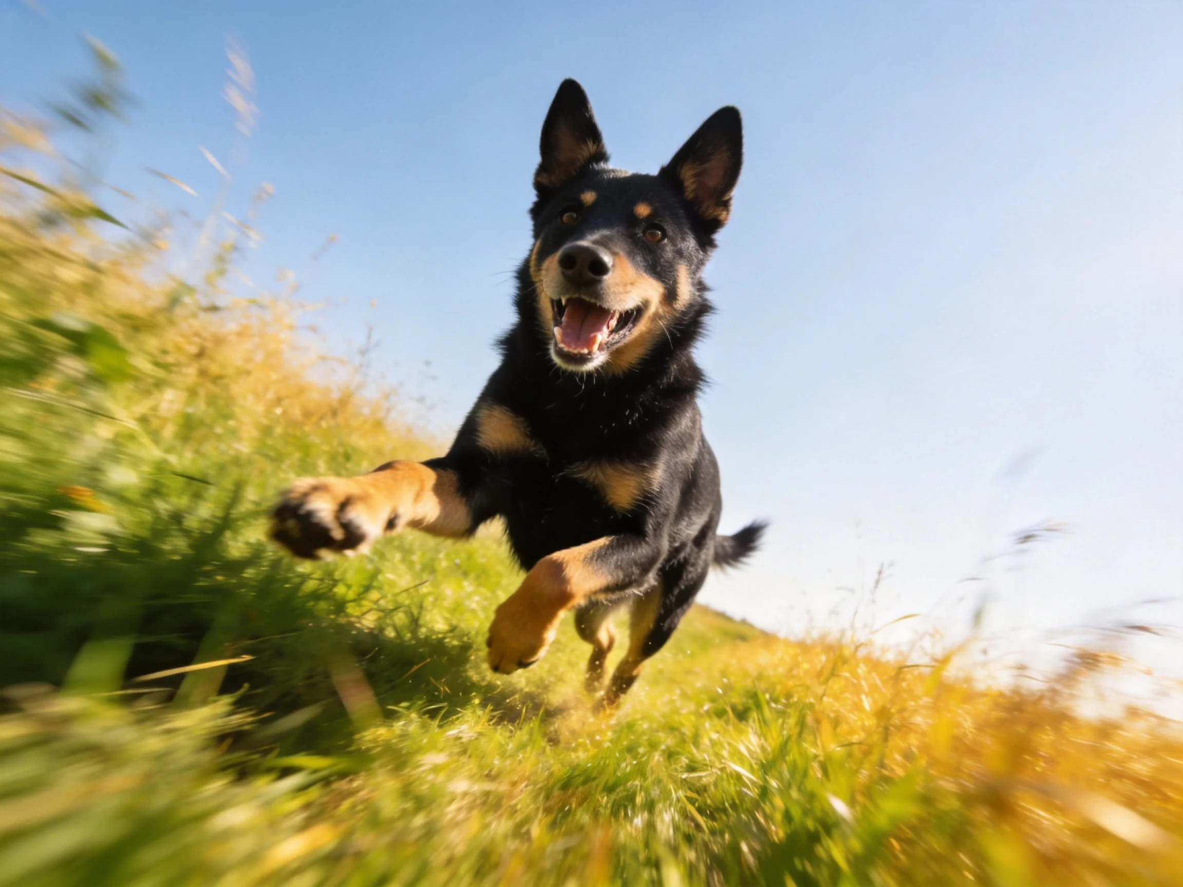 A black and tan dog joyfully runs through tall green grass