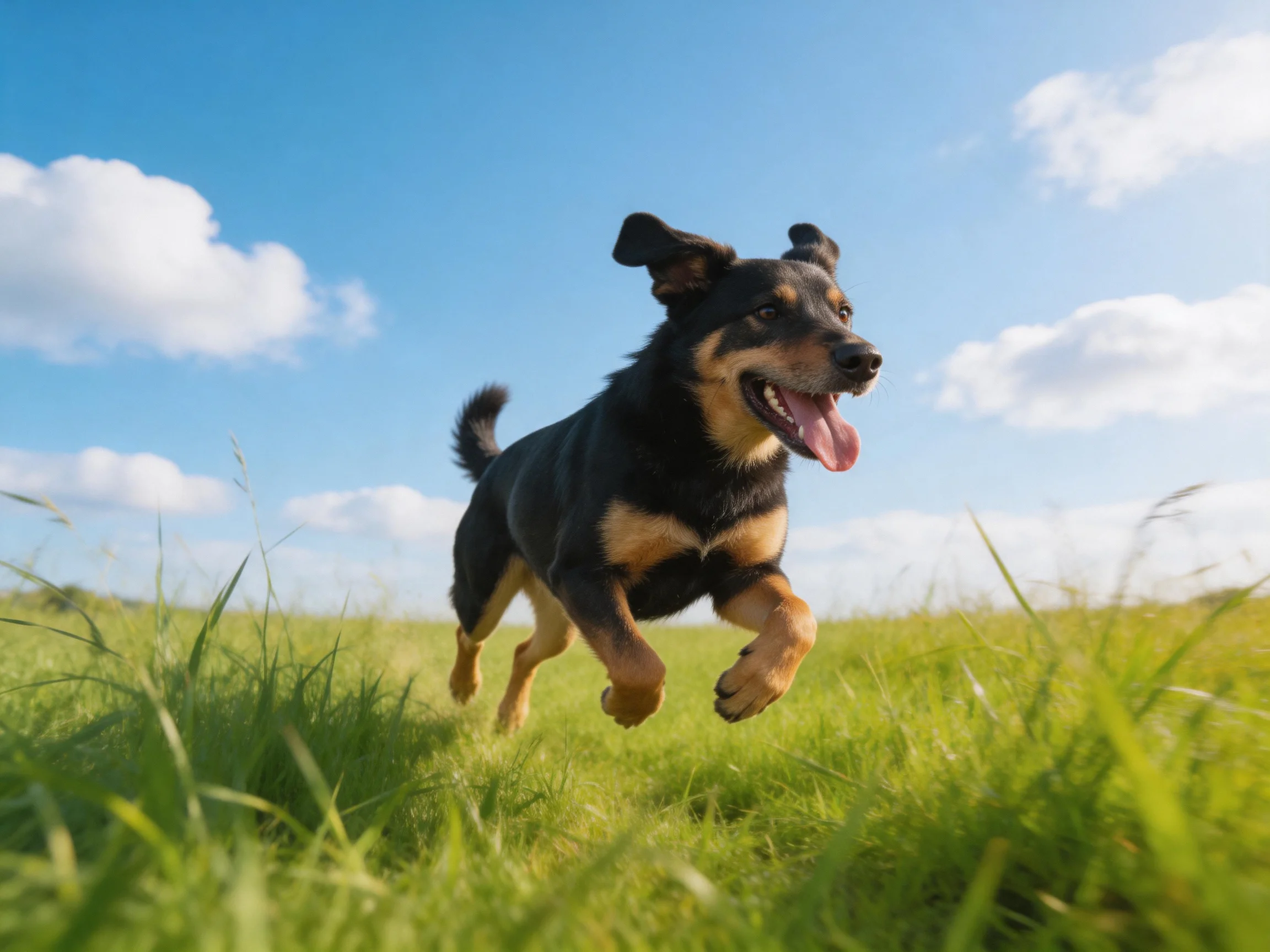 A black and tan dog runs energetically through tall green grass beneath a bright blue sky.