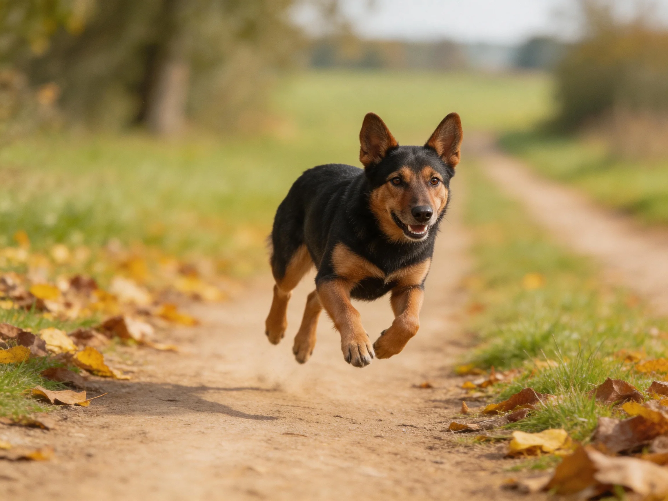 A black and tan dog leaps joyfully along an autumn dirt path
