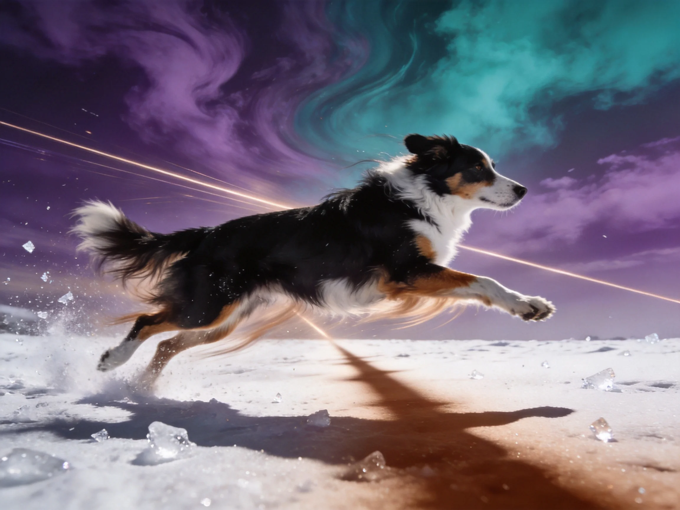 A black-and-tan dog leaps over snow beneath swirling purple-teal skies