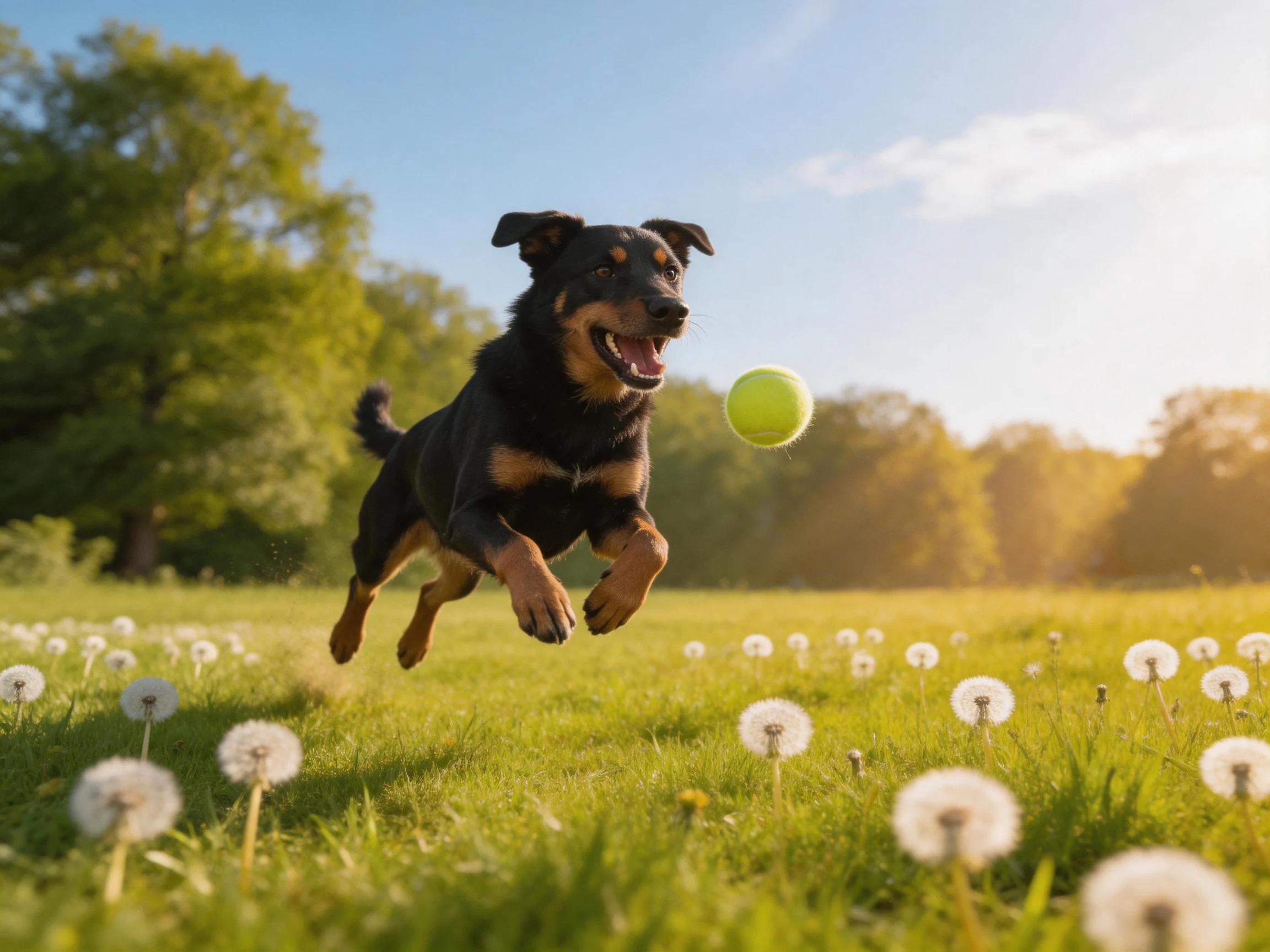 A black and tan dog leaps toward a bright green tennis ball in a dandelion-filled meadow
