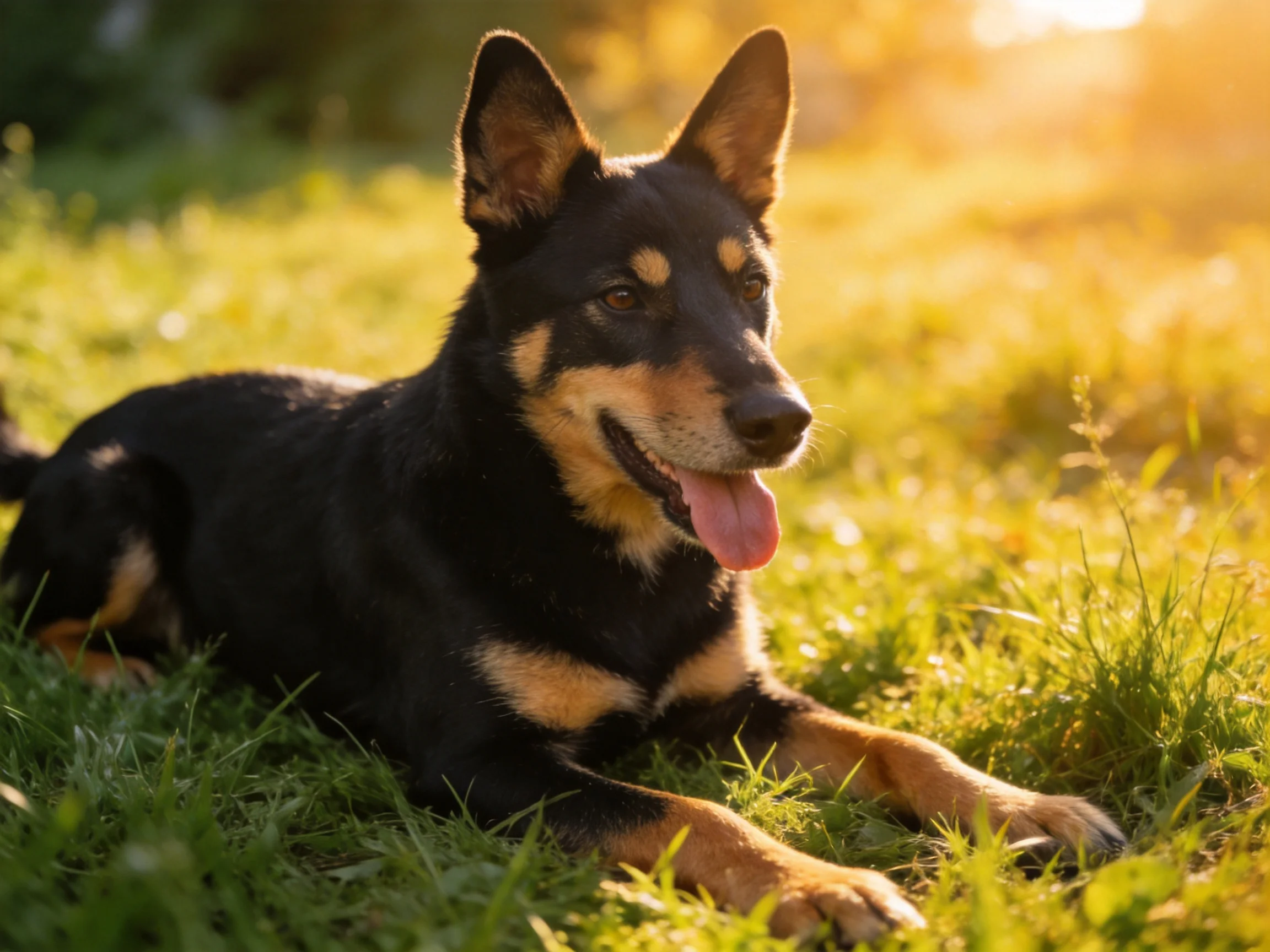 A black and tan dog lies on sun-drenched green grass