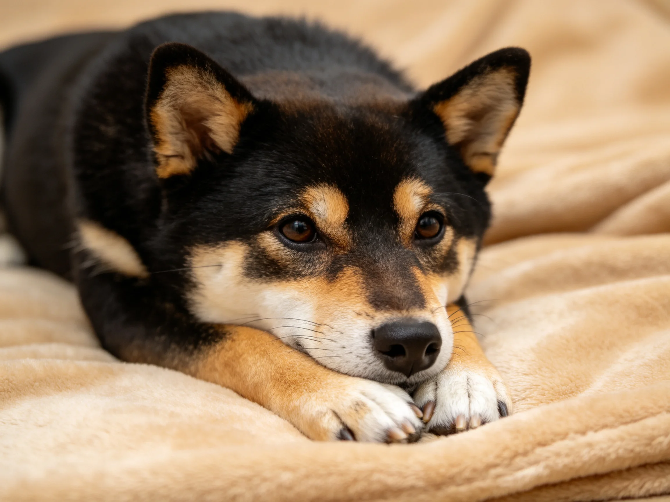 A black and tan dog lounges on a plush beige blanket
