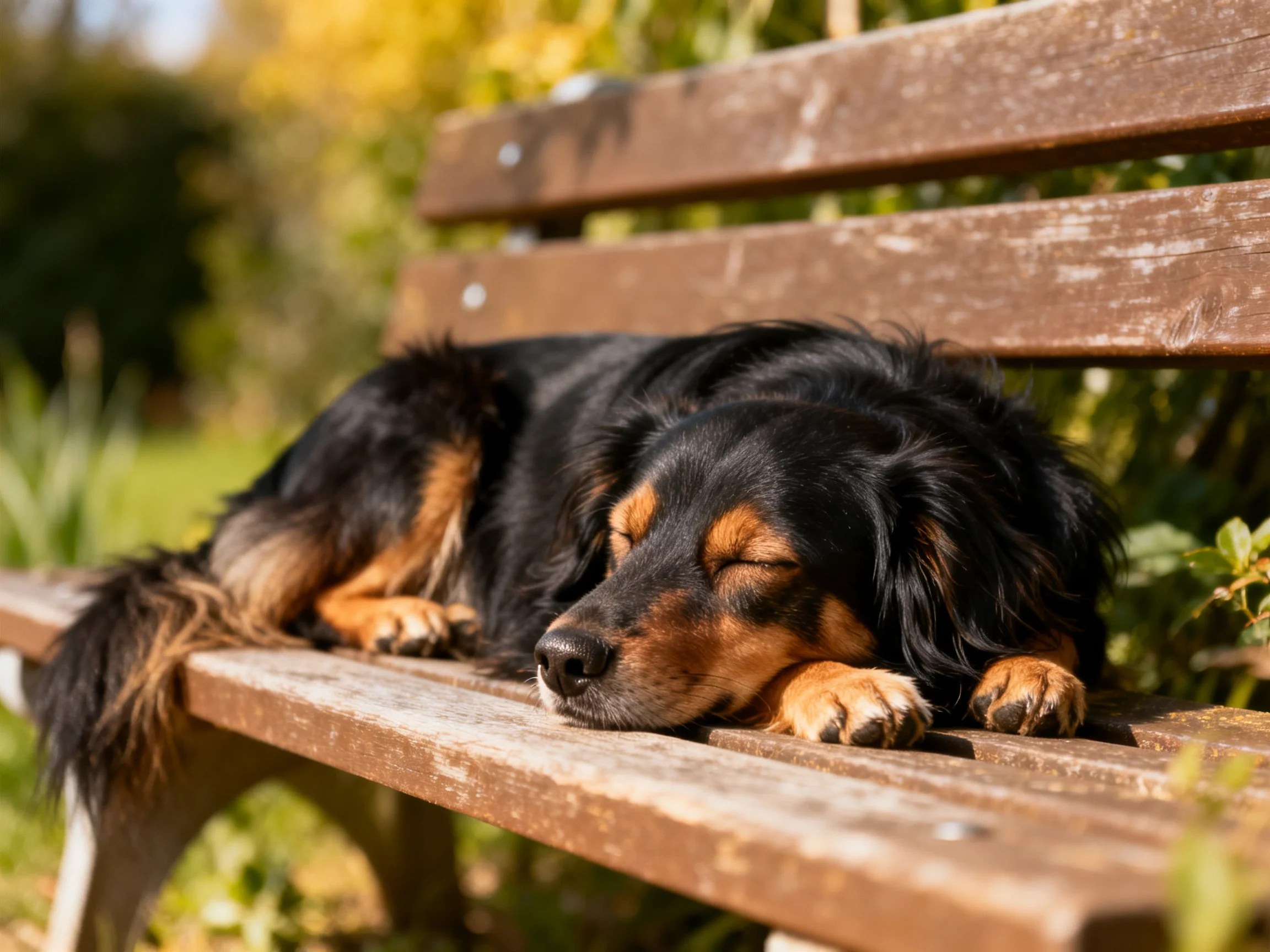 A black and tan dog naps on a weathered wooden park bench