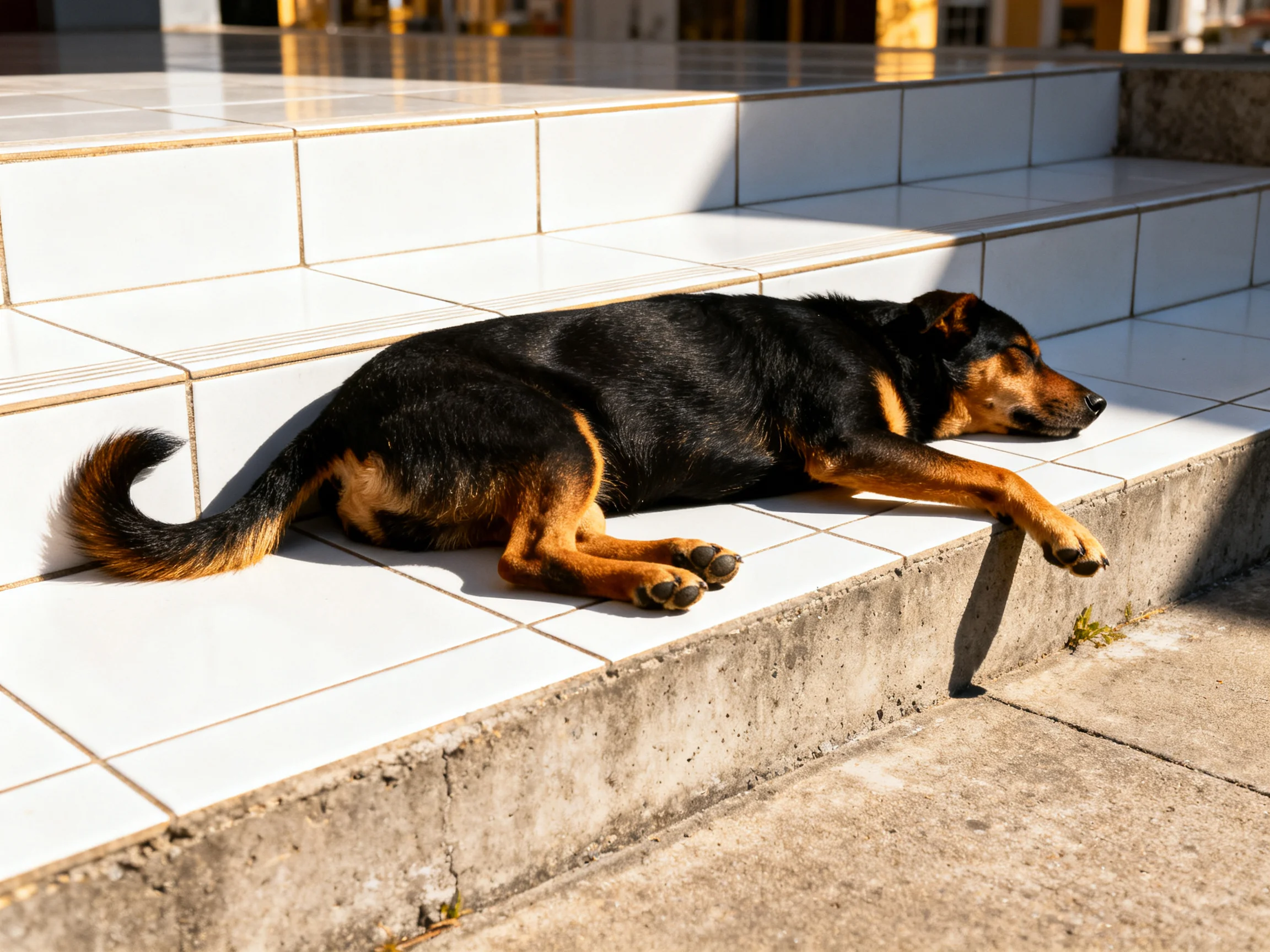 A black and tan dog naps on white tiled outdoor steps under sunny light