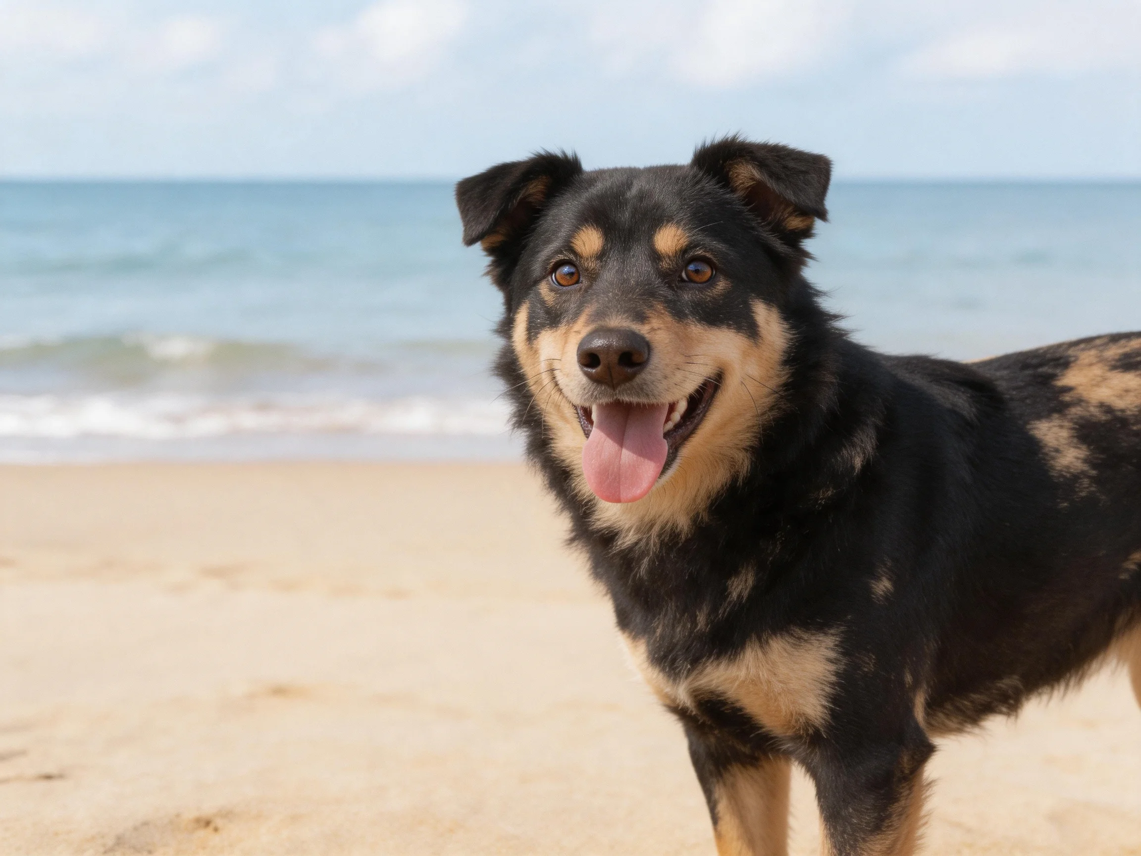 A black and tan dog enjoys time on a sandy beach near the ocean.