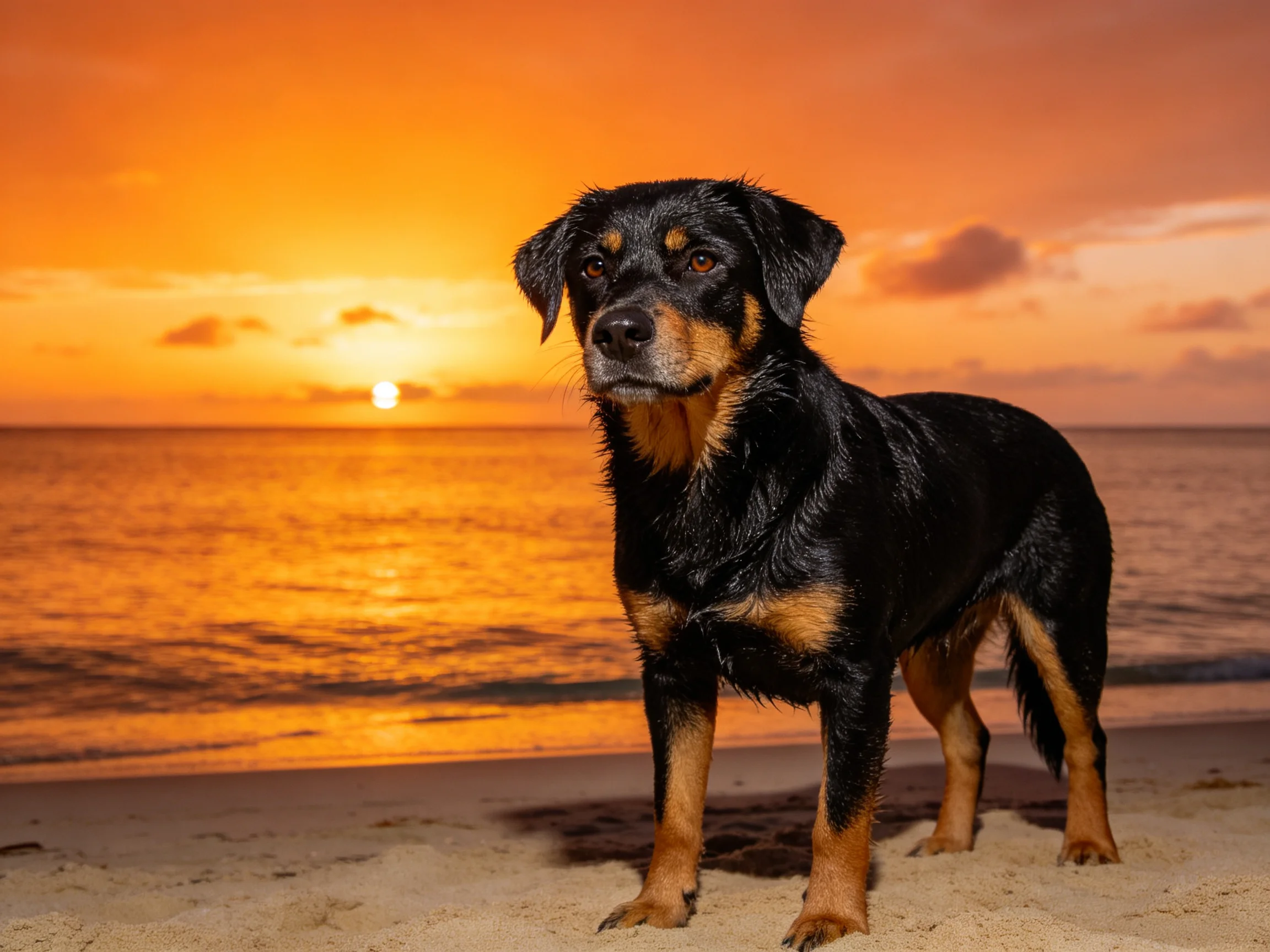 A black and tan dog on sandy beach during vibrant orange sunset