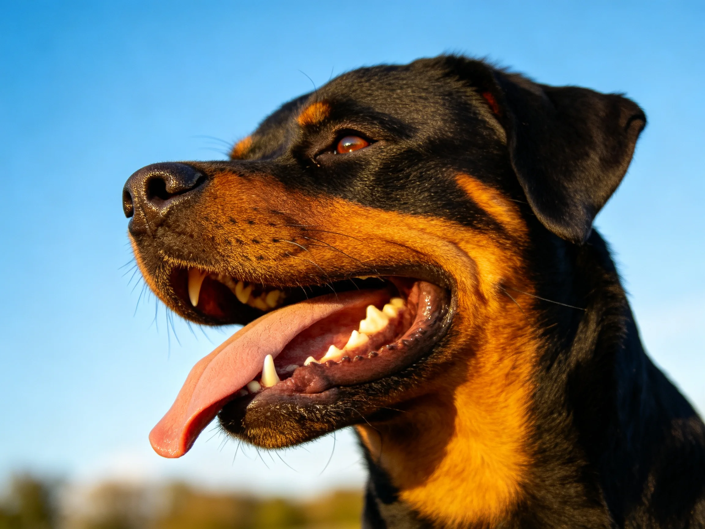 A black and tan dog panting in bright daylight