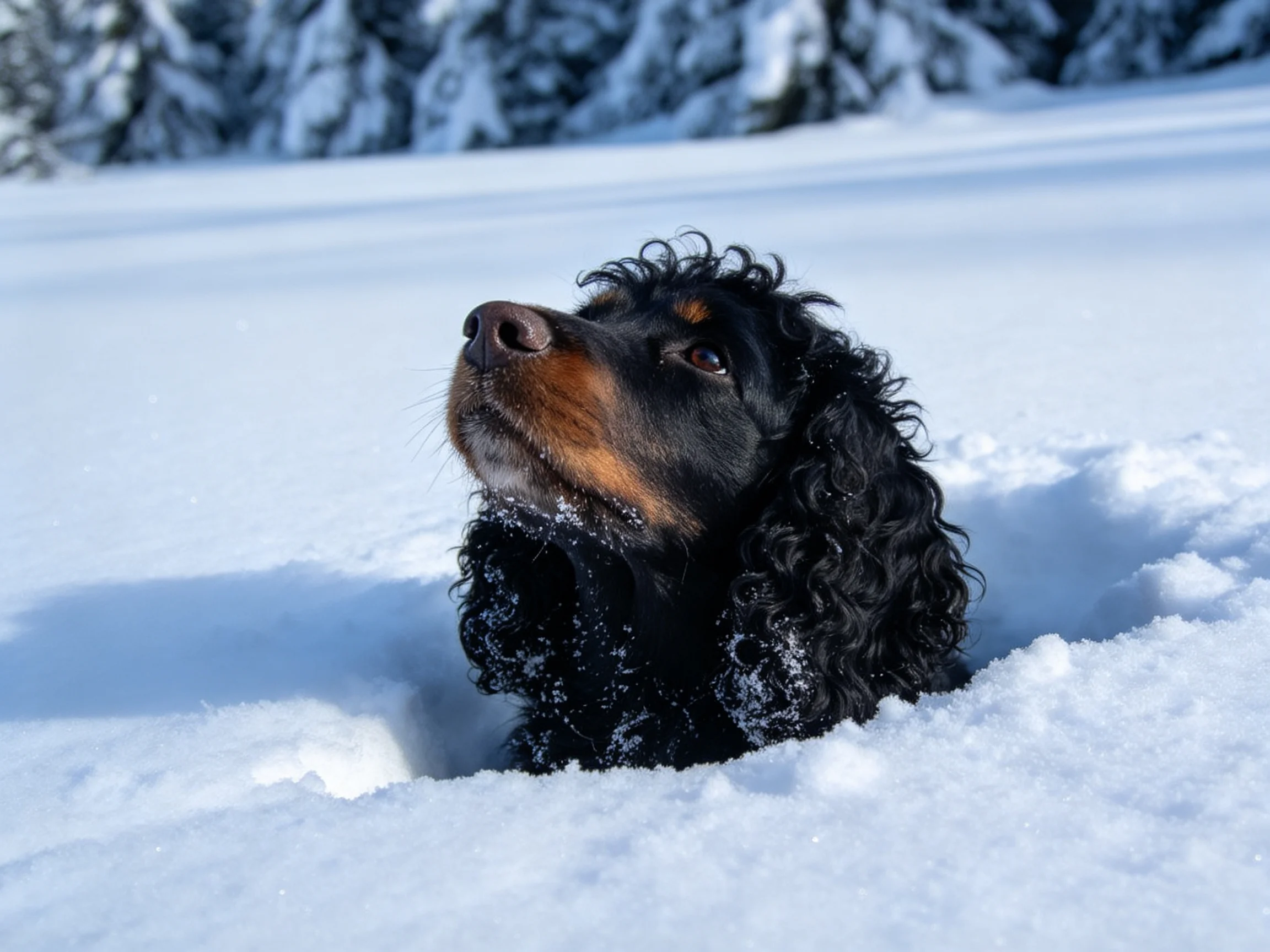 A black and tan dog partially buried in bright white snow