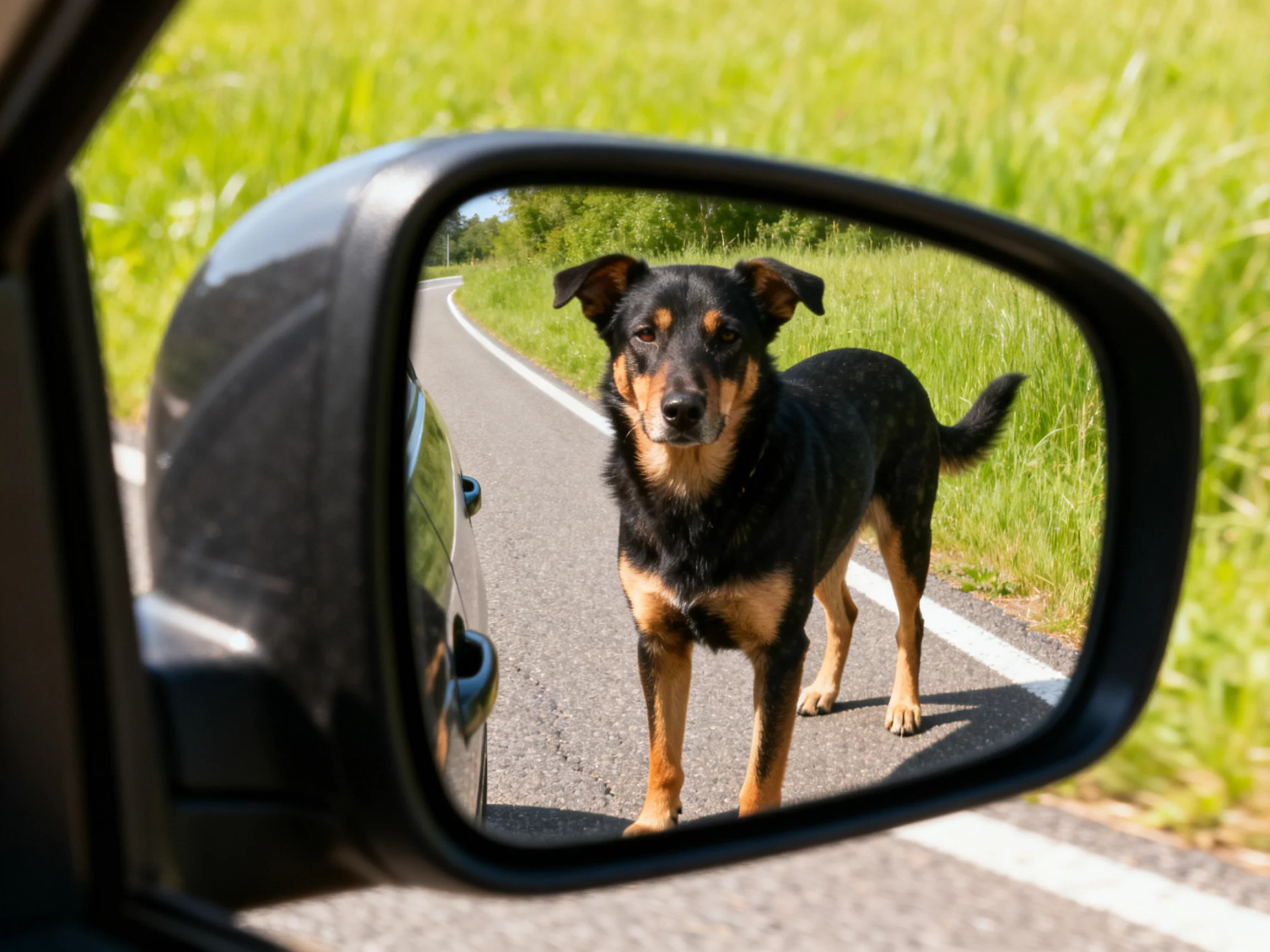 A black and tan dog appears reflected in a car’s side mirror near a rural road.