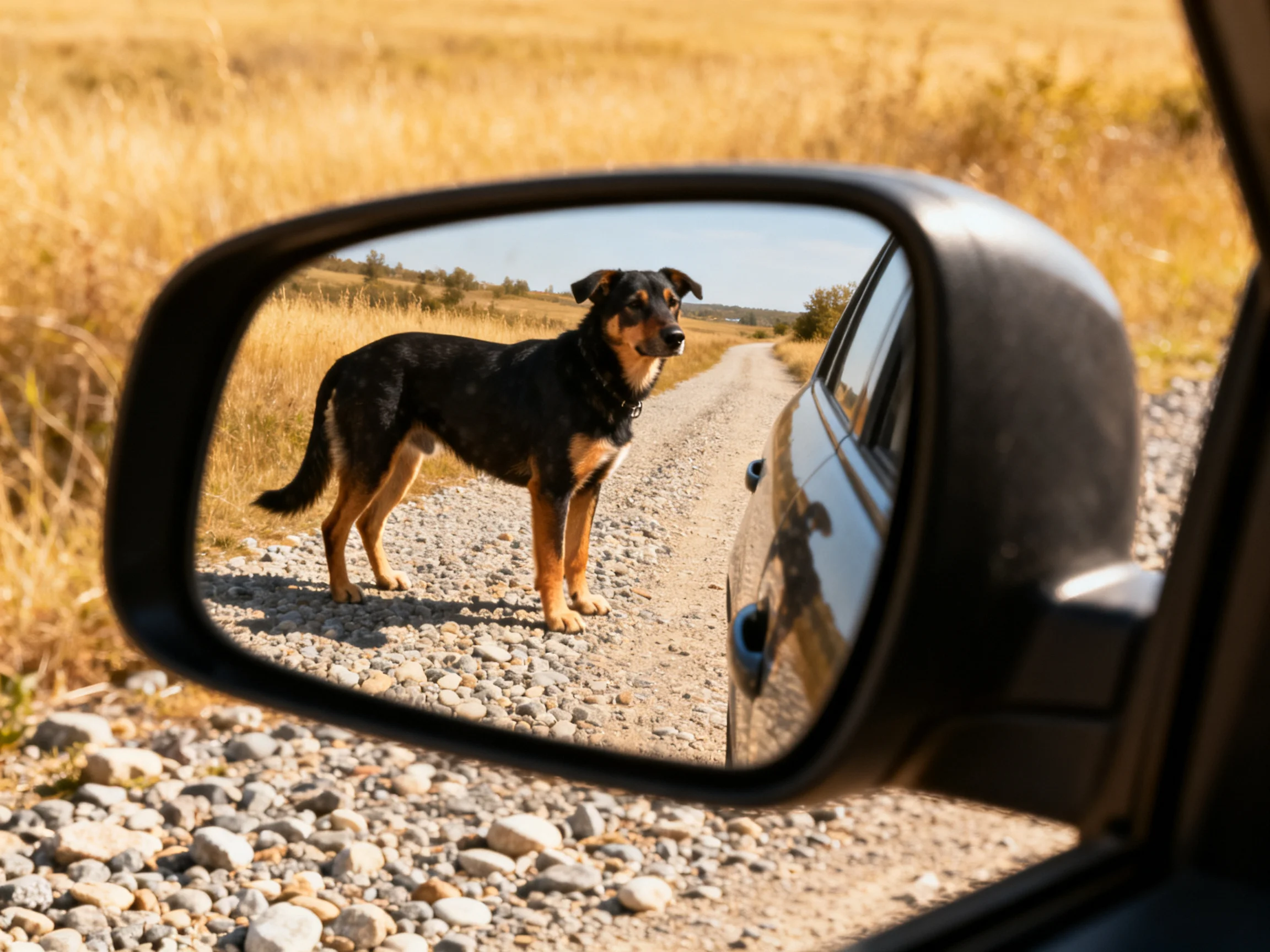 A black and tan dog is reflected in a cars side mirror near a gravel road.